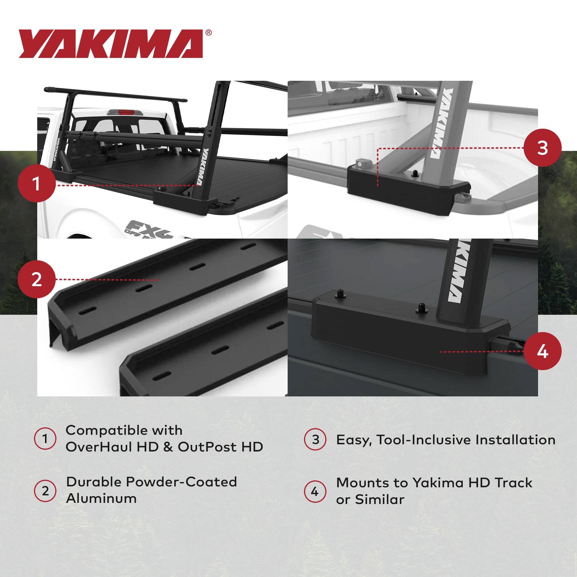 YAKIMA ados 1 YAKIMA OPa FXC 2 YAKIMA KIMA 3 4 Compatible with 1 OverHaul HD & OutPost HD 3 Easy, Tool-Inclusive Installation Durable Powder-Coated 2 Aluminum 4 Mounts to Yakima HD Track or Similar