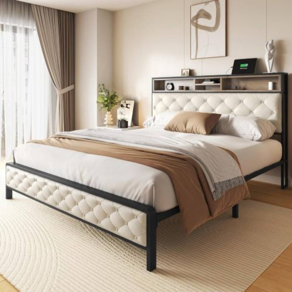 Back. LUCKY ONE - Queen Size Platform Bed Frame with Charging Station, Upholstered Storage Headboard and Footboard, Metal Slats - Beige,Queen.