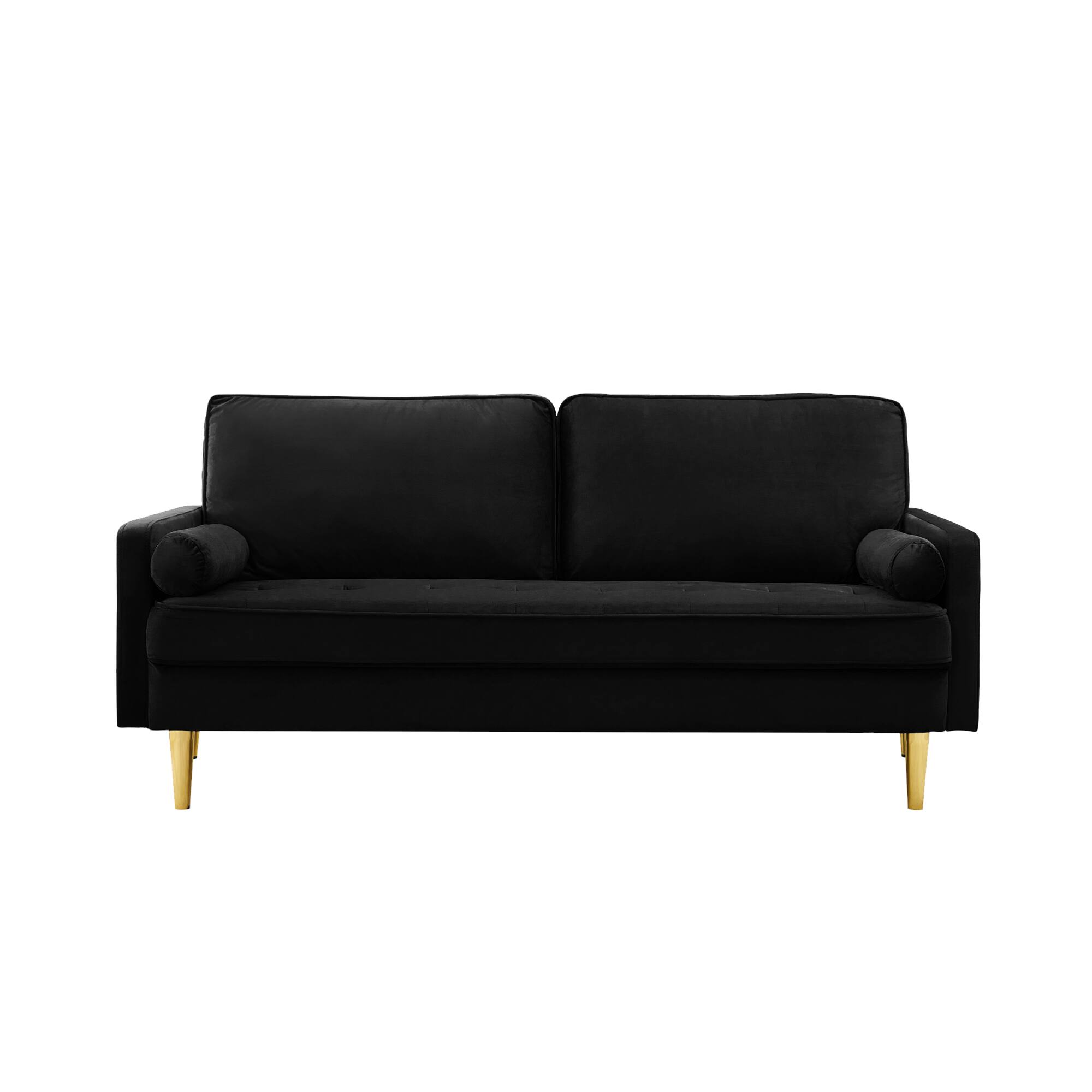 Angle. GOODSILO - 65-Inch Minimalist Velvet Sofa with Metal Legs and Cushions, Perfect for Living Room or Bedroom - Black.