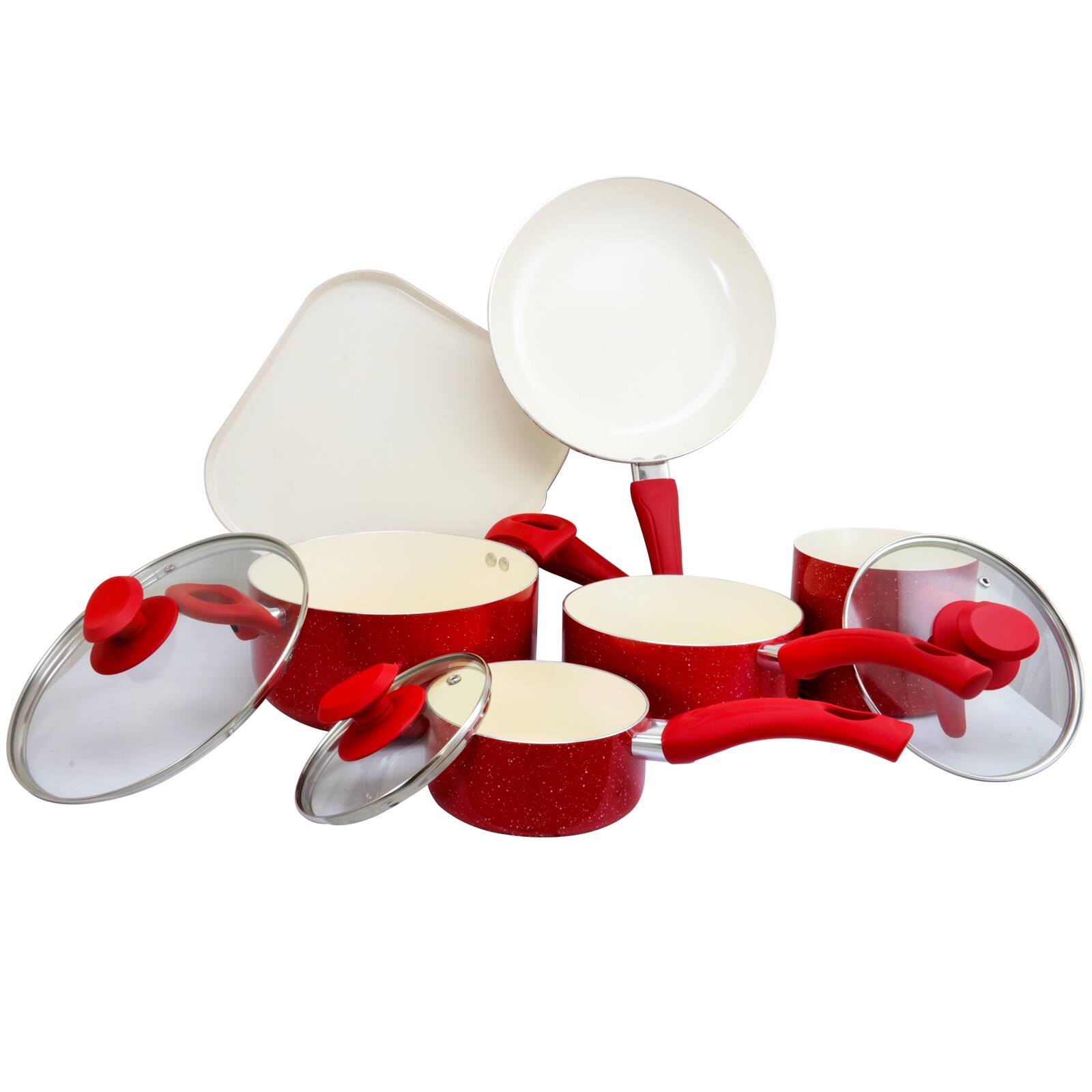 Alt View 4. Oster - Oster Cocina San Jacinto Aluminum Cookware Set in Red Speckled Finish, Set of 9 - Red Speckle.