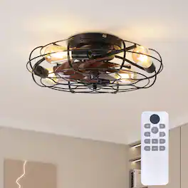 Loheer - Ceiling Fan with Light, 19.7 Inch Industrial Caged Flush Mount Fan, Remote Control, Reversible DC Motor