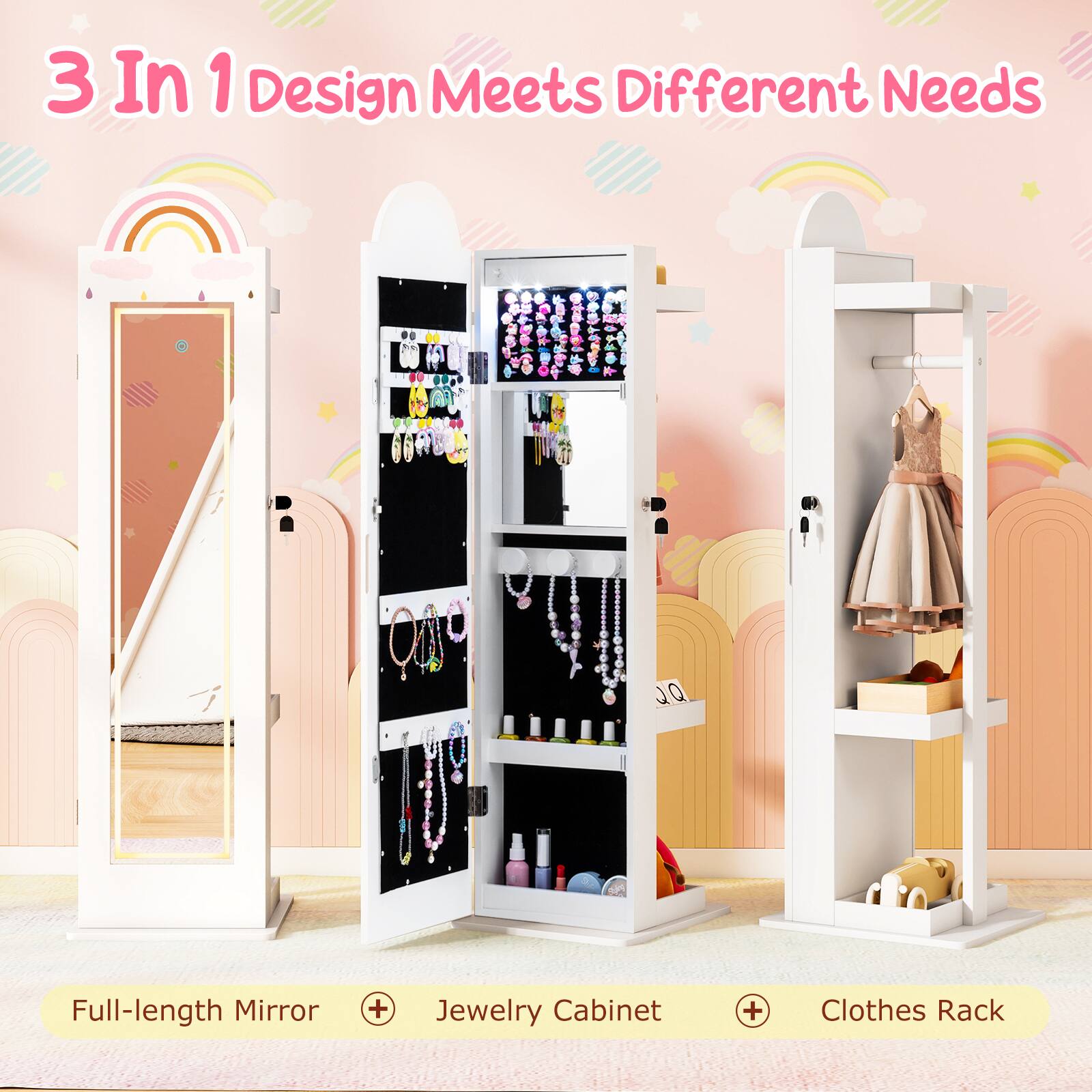 3 In 1 Design Meets Different Needs

Full-length Mirror + Jewelry Cabinet + Clothes Rack