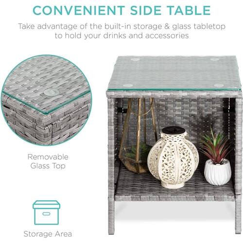 **CONVENIENT SIDE TABLE**

Take advantage of the built-in storage & glass tabletop to hold your drinks and accessories

- Removable Glass Top
- Storage Area