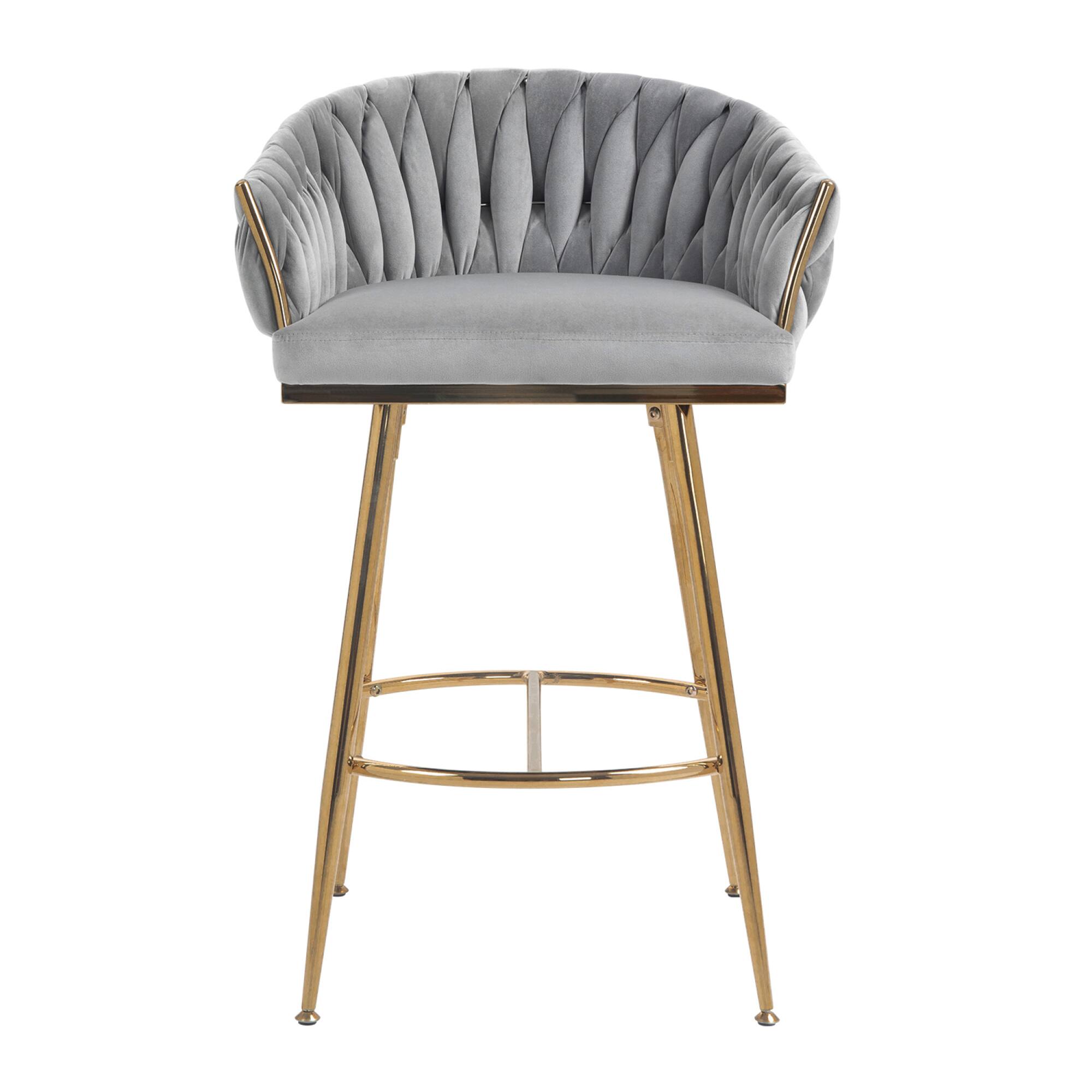 Left. GOODSILO - Set of 2 Velvet Upholstered Bar Stools with Golden Chrome Base, Counter Height Stools for Kitchen Island or Bar Seating - Grey.