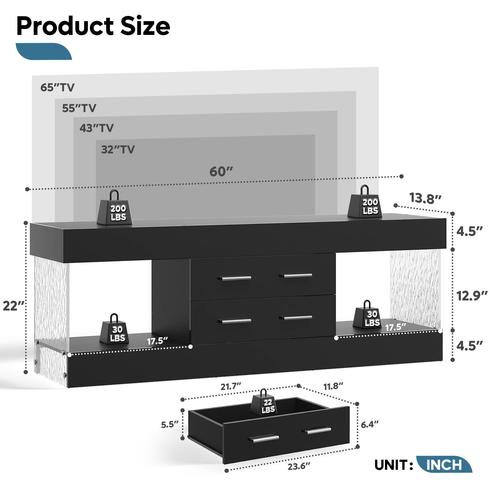 Product Size

- 65" TV
- 55" TV
- 43" TV
- 32" TV
- 60"
- 200 LBS
- 200 LBS
- 13.8"
- 4.5"
- 22"
- 30 LBS
- 17.5"
- 30 LBS
- 17.5"
- 12.9"
- 4.5"
- 5.5"
- 21.7"
- 22 LBS
- 11.8"
- 6.4"
- 23.6"

UNIT: INCH