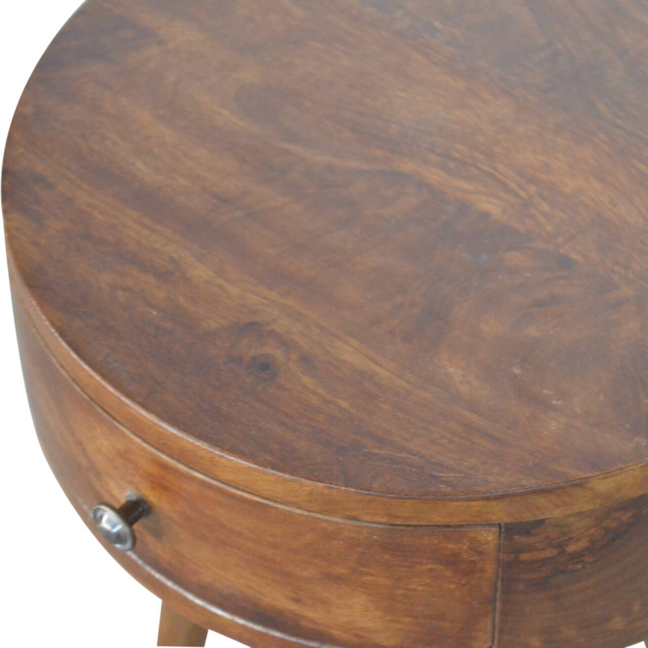 Alt View 1. Artisan Furniture - Artisan Furniture Solid Wood Nordic Chestnut Circular Nightstand, 1 Drawer, Nordic legs, Dark Brown - Chestnut.