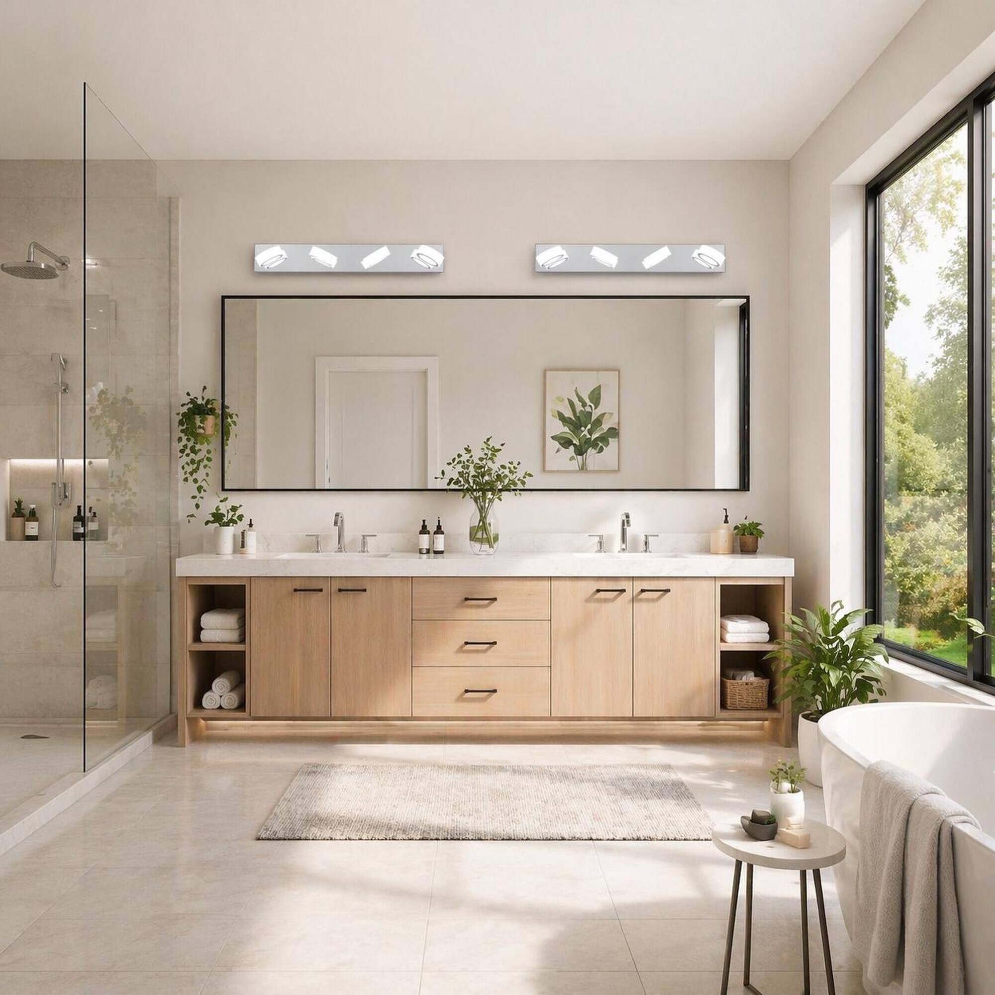 Left. RYHNUYNE - Modern 4‑Light Vanity Light,29"Rotating Acrylic LED Bathroom Wall Light,Wall Mount Over Mirror Lighting for Bath - Chrome.