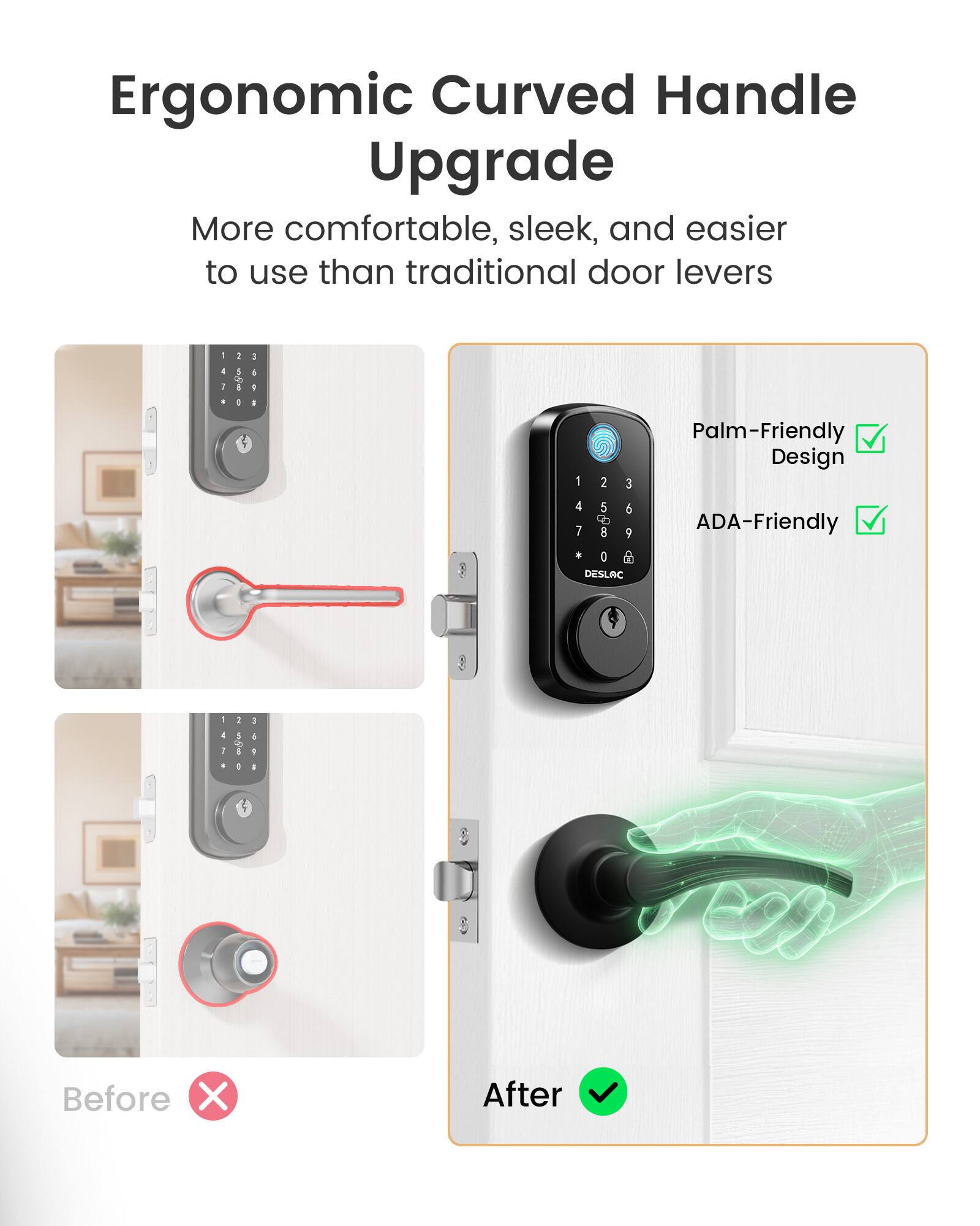 Ergonomic Curved Handle Upgrade  
More comfortable, sleek, and easier to use than traditional door levers

Palm-Friendly Design  
ADA-Friendly

Before  
After