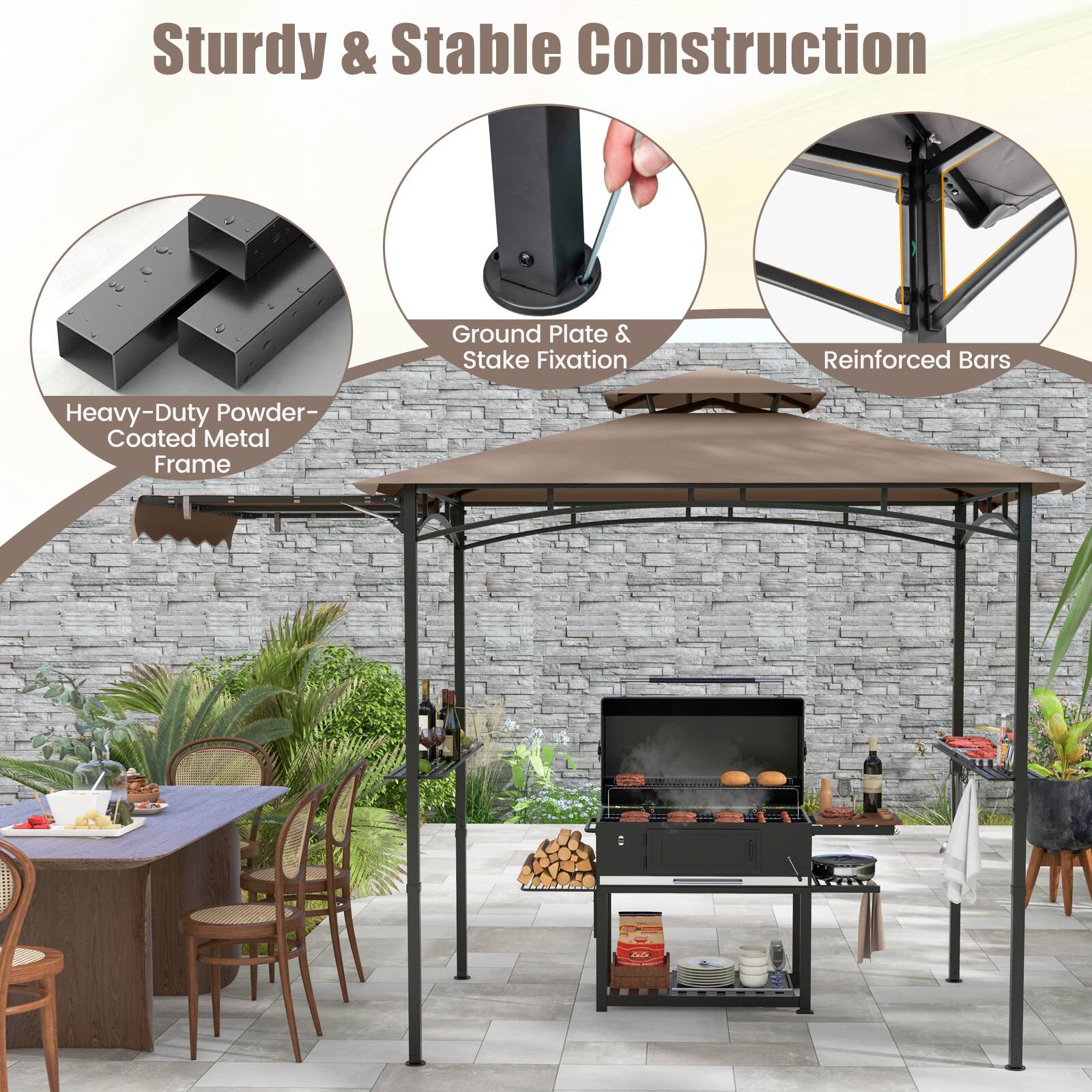 Sturdy & Stable Construction

- Heavy-Duty Powder-Coated Metal Frame
- Ground Plate & Stake Fixation
- Reinforced Bars