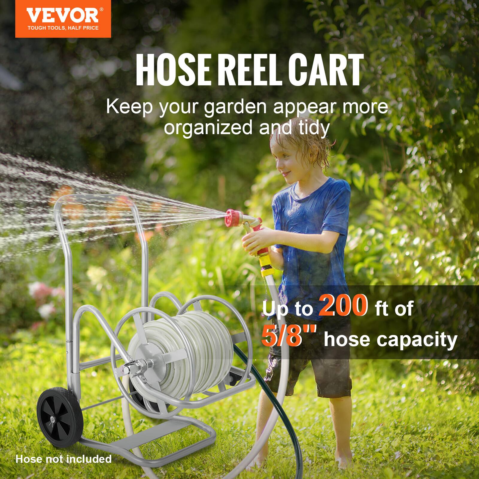 VEVOR TOUGH TOOLS, HALF PRICE HOSE REEL CART
Keep your garden appear more organized and tidy
Up to 200 ft of 5/8" hose capacity
Hose not included