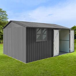 Anysun - 12x10ft Metal Garden Shed with Window, Shelves & Foldable Worktable, Outdoor Storage with Apex Roof & Locking Door - Gray