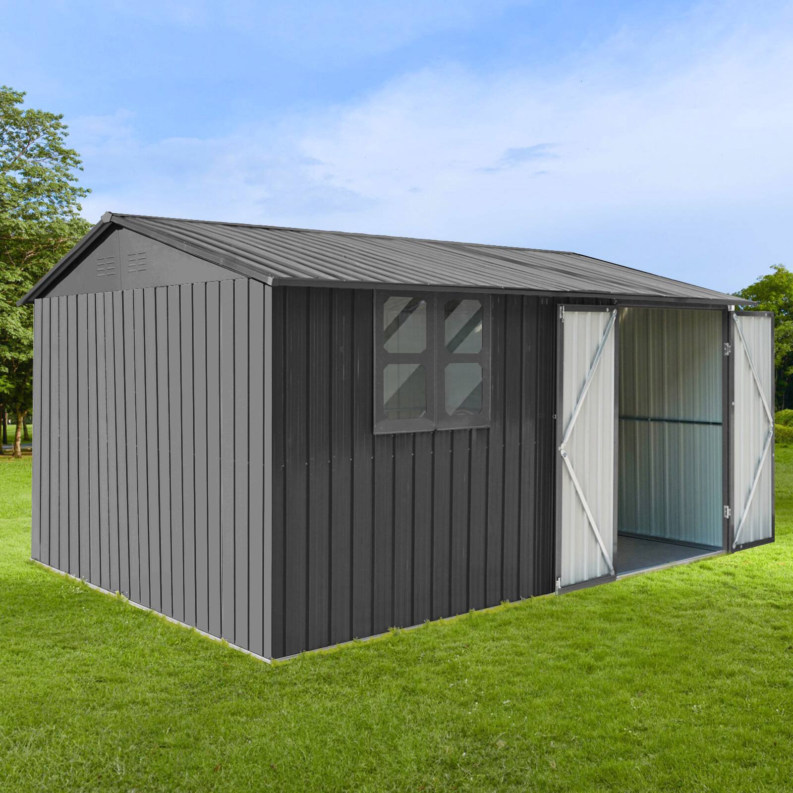 Angle. Anysun - 12x10ft Metal Garden Shed with Window & Hinged Door, Heavy-Duty Outdoor Storage with Vents for Backyard - Grey.