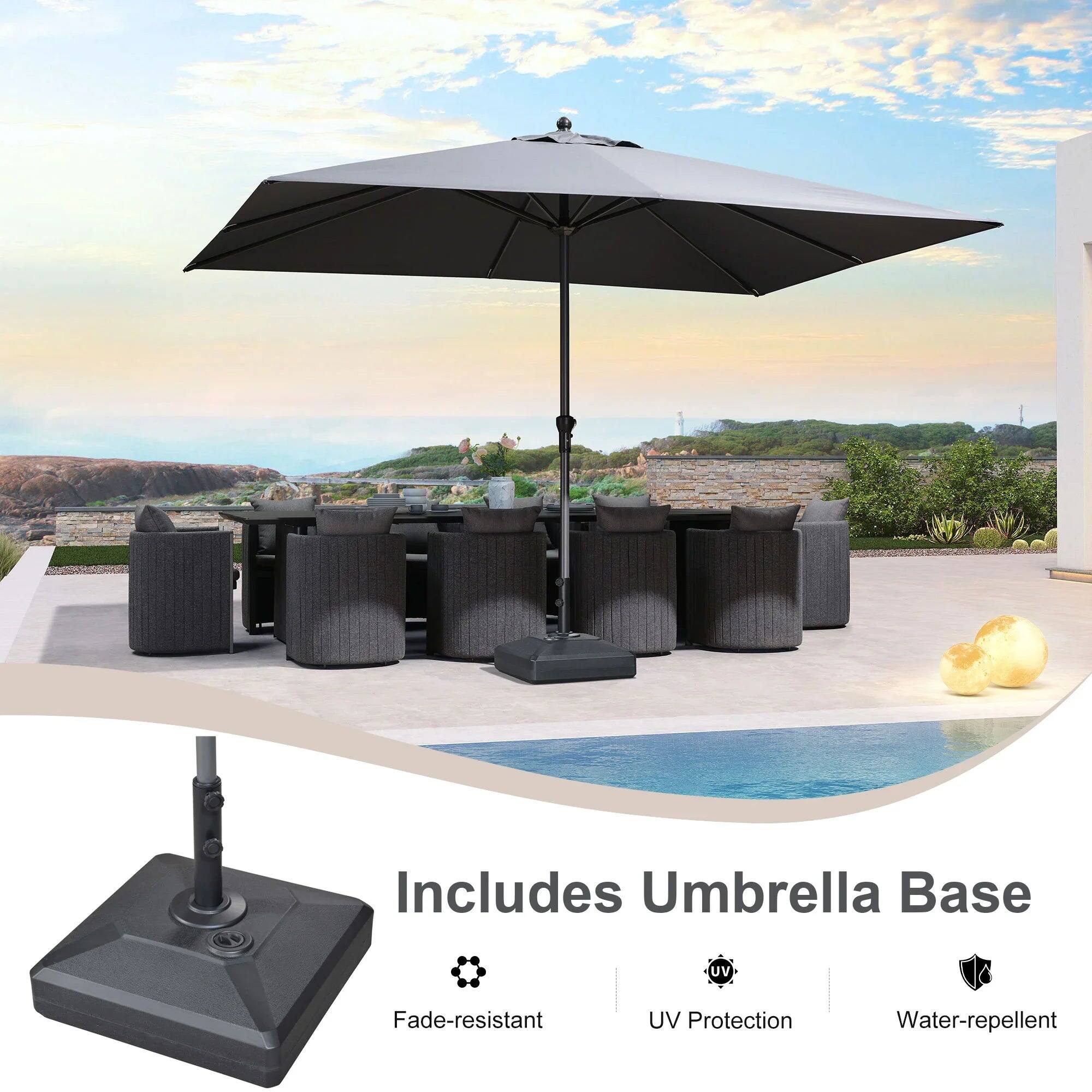 Includes Umbrella Base  
- Fade-resistant  
- UV Protection  
- Water-repellent