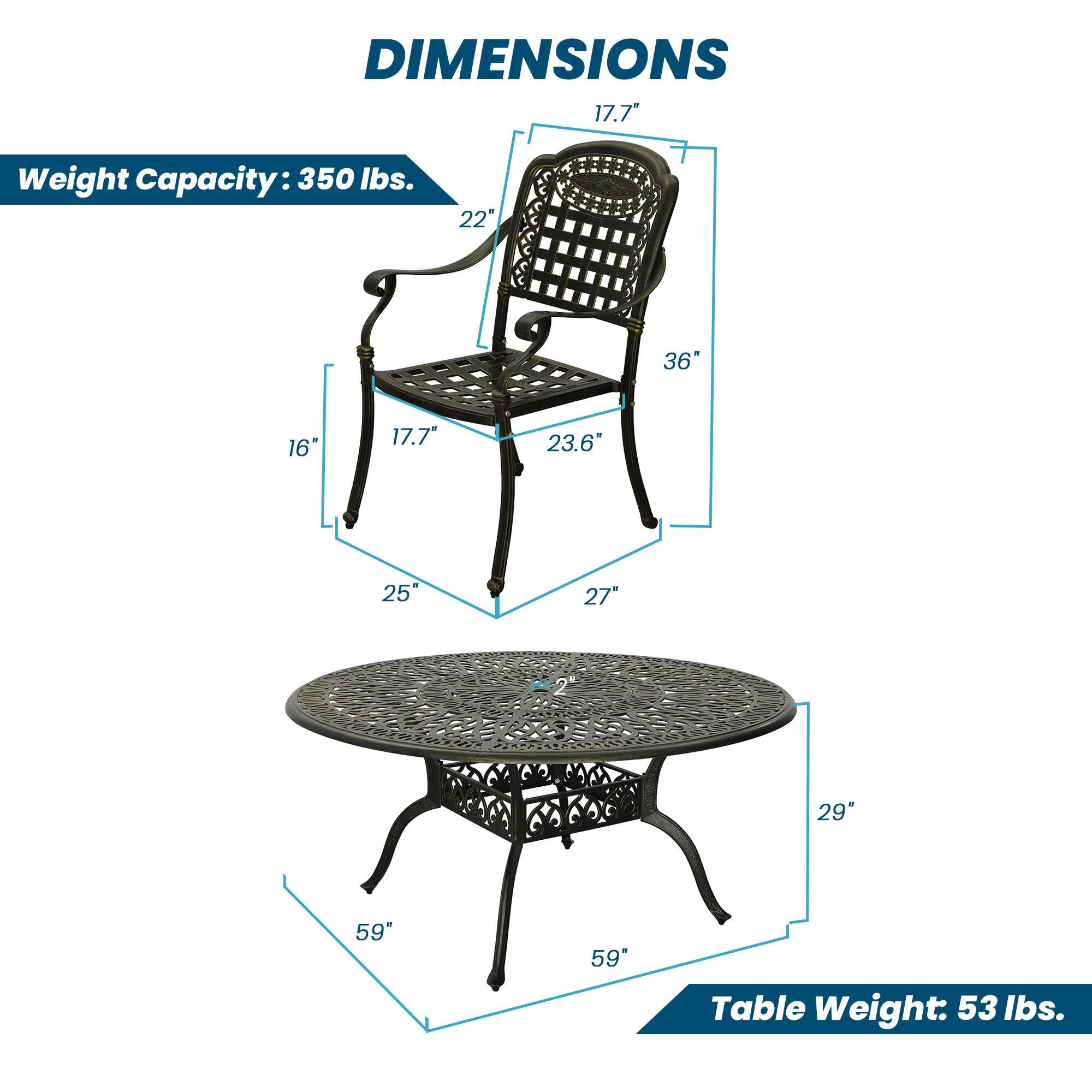 DIMENSIONS  
Weight Capacity: 350 lbs.  
22" 36" 16" 17.7" 23.6" 25" 27" 29" 59" 59"  
Table Weight: 53 lbs.
