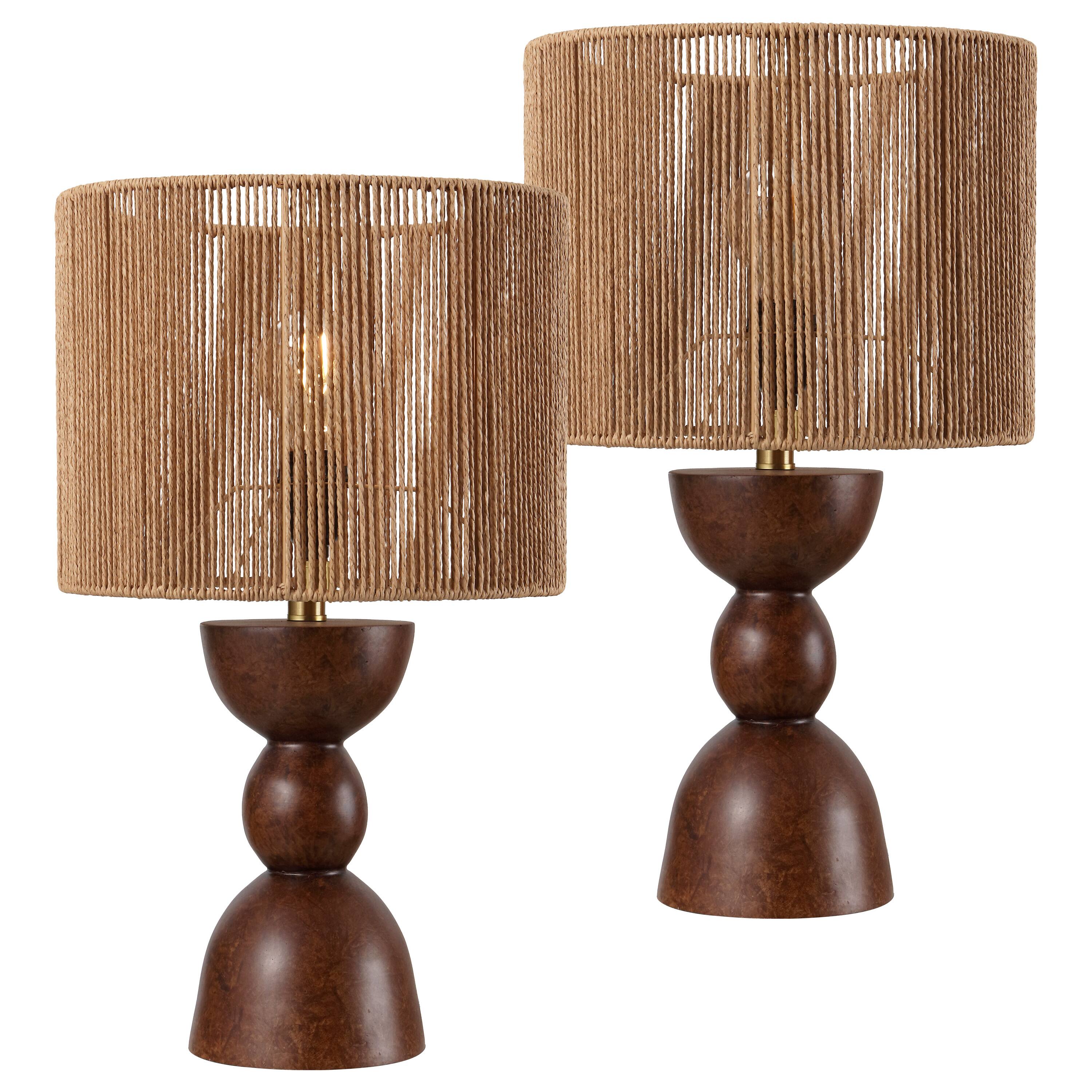 Alt View 7. Jonathan Y - Sherry 22 in. Bohemian Hourglass Totem Resin with Hand-Woven Paper Rope Drum Shade LED Table Lamp, Dark Brown (Set of 2) - Dark Brown.