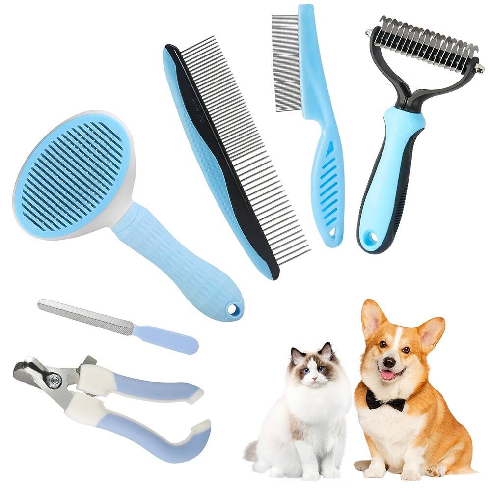 Front. THIRSTY TURTLE - 6-in-1 Dog & Cat Grooming Kit with Undercoat Rake, Slicker Brush & Clippers.