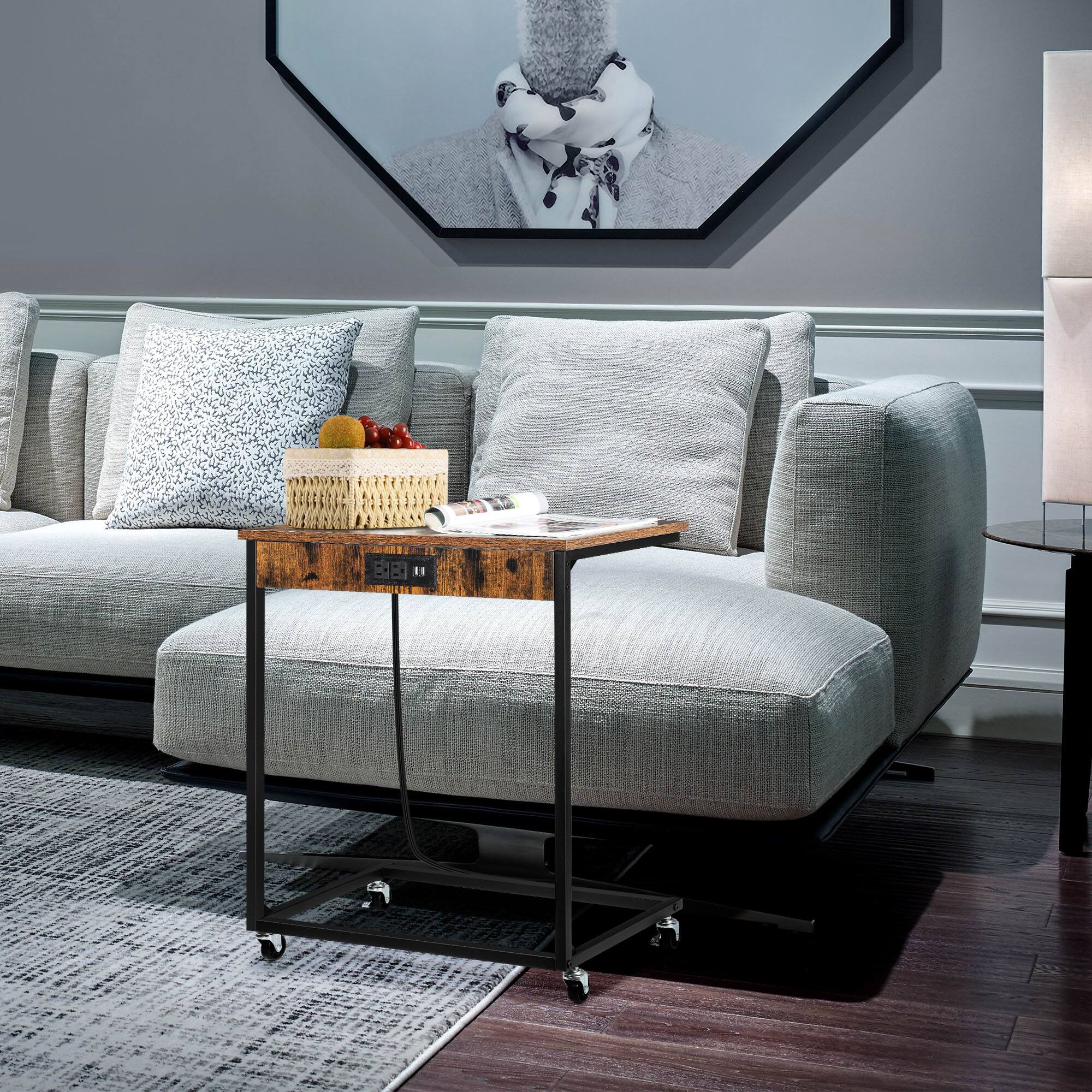 Alt View 1. Oumilen - Rustic Brown C-Shaped Side Table with Charging Station & Wheels - Rustic Brown.