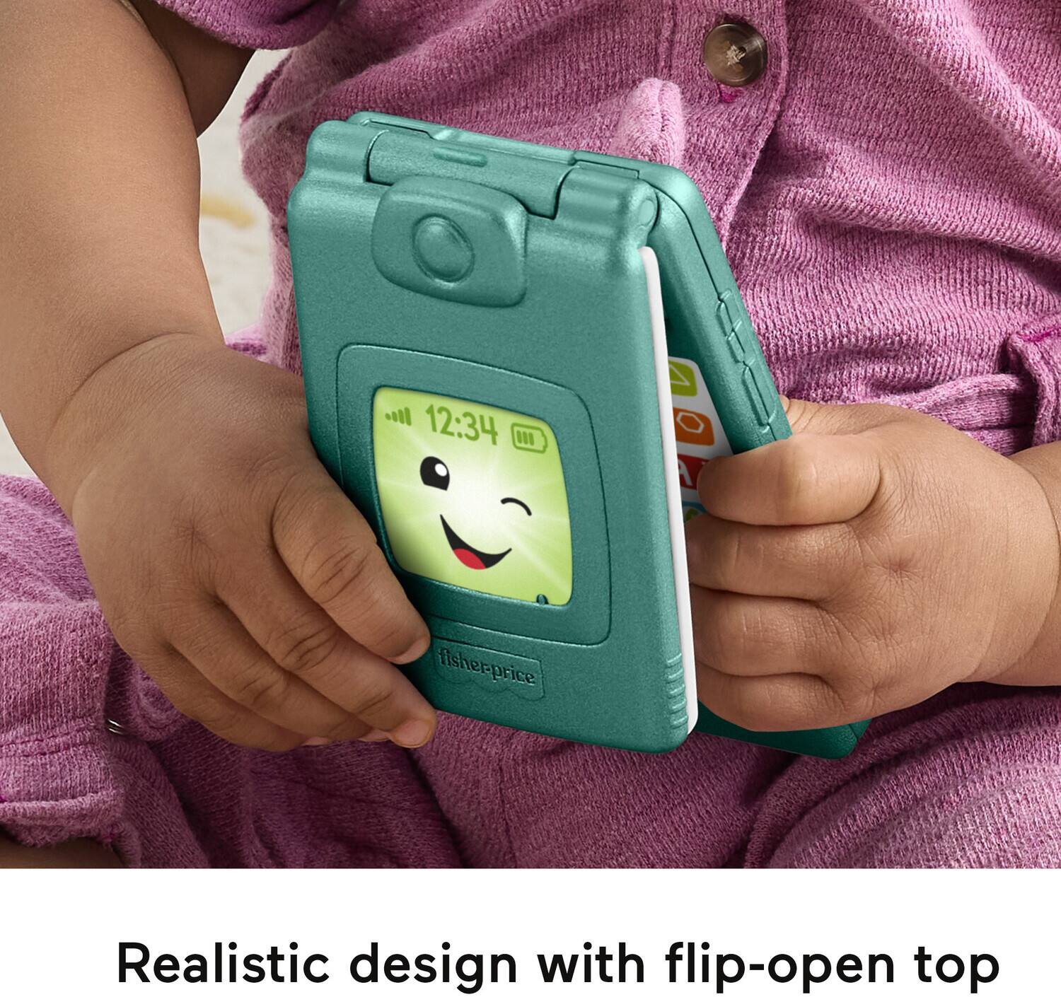12:34  
III  
A fisher-price  
Realistic design with flip-open top