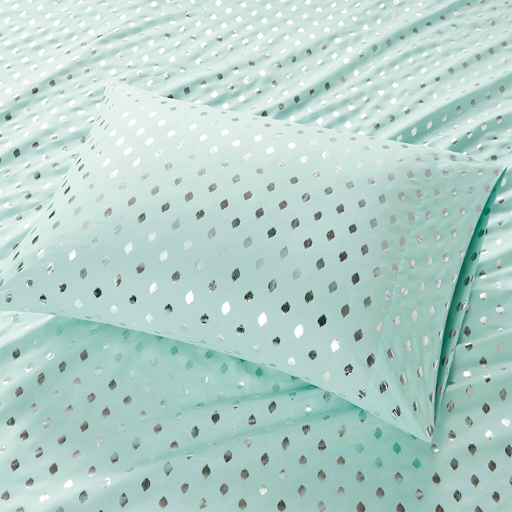 Alt View 1. Gracie Mills - Gracie Mills Juniper Metallic Ikat Dot Printed Sheet Set - Aqua/Silver.