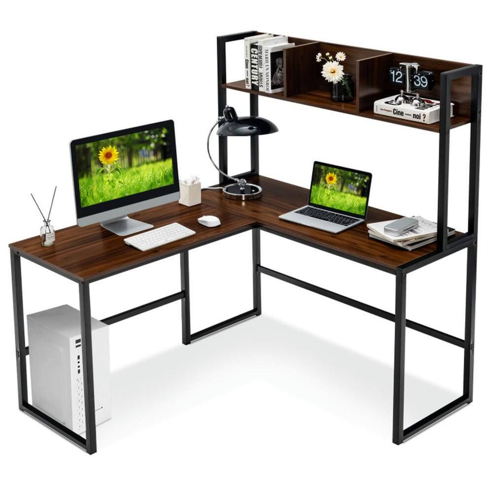 Pefilos - Reversible L-Shaped Corner Desk with Storage Bookshelf-Walnut, Office Desk, Gaming Computer Desks for Study, Working - Brown