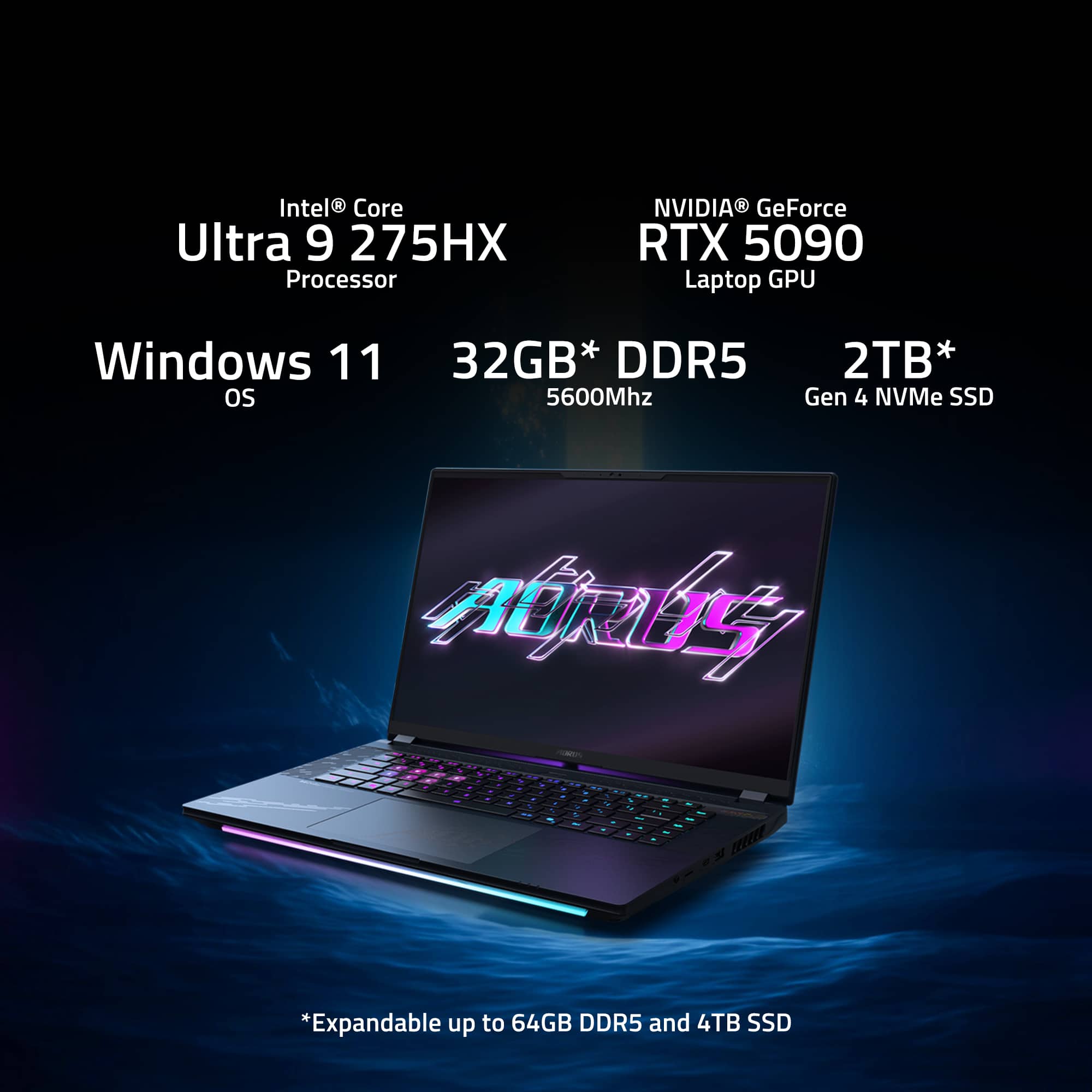 Intel Core Ultra 9 275HX Processor, NVIDIA GeForce RTX 5090 Laptop GPU, Windows 11 OS, 32GB* DDR5 5600Mhz, 2TB* Gen 4 NVMe SSD, *Expandable up to 64GB DDR5 and 4TB SSD