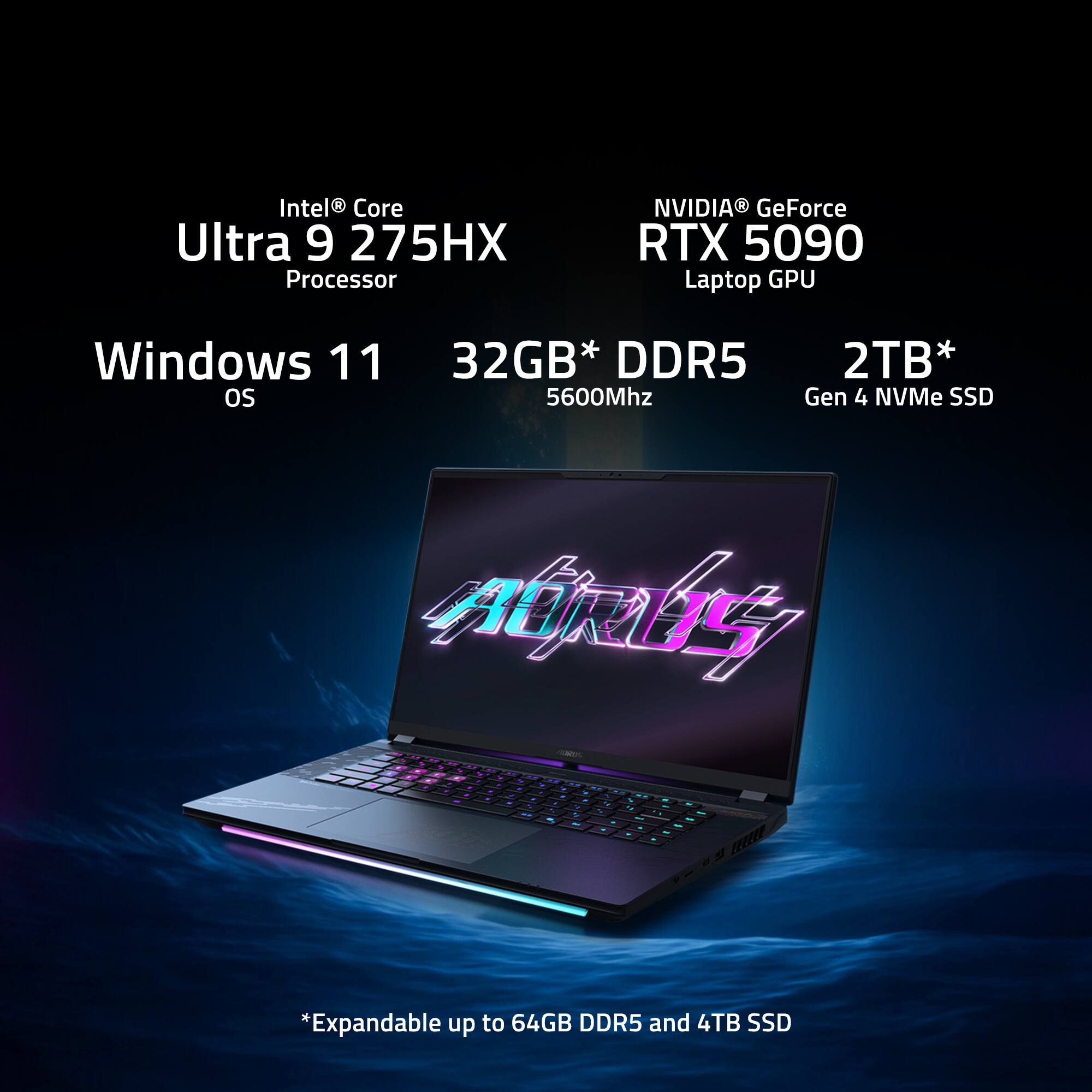 Intel Core Ultra 9 275HX Processor, NVIDIA GeForce RTX 5090 Laptop GPU, Windows 11 OS, 32GB* DDR5 5600Mhz, 2TB* Gen 4 NVMe SSD, *Expandable up to 64GB DDR5 and 4TB SSD