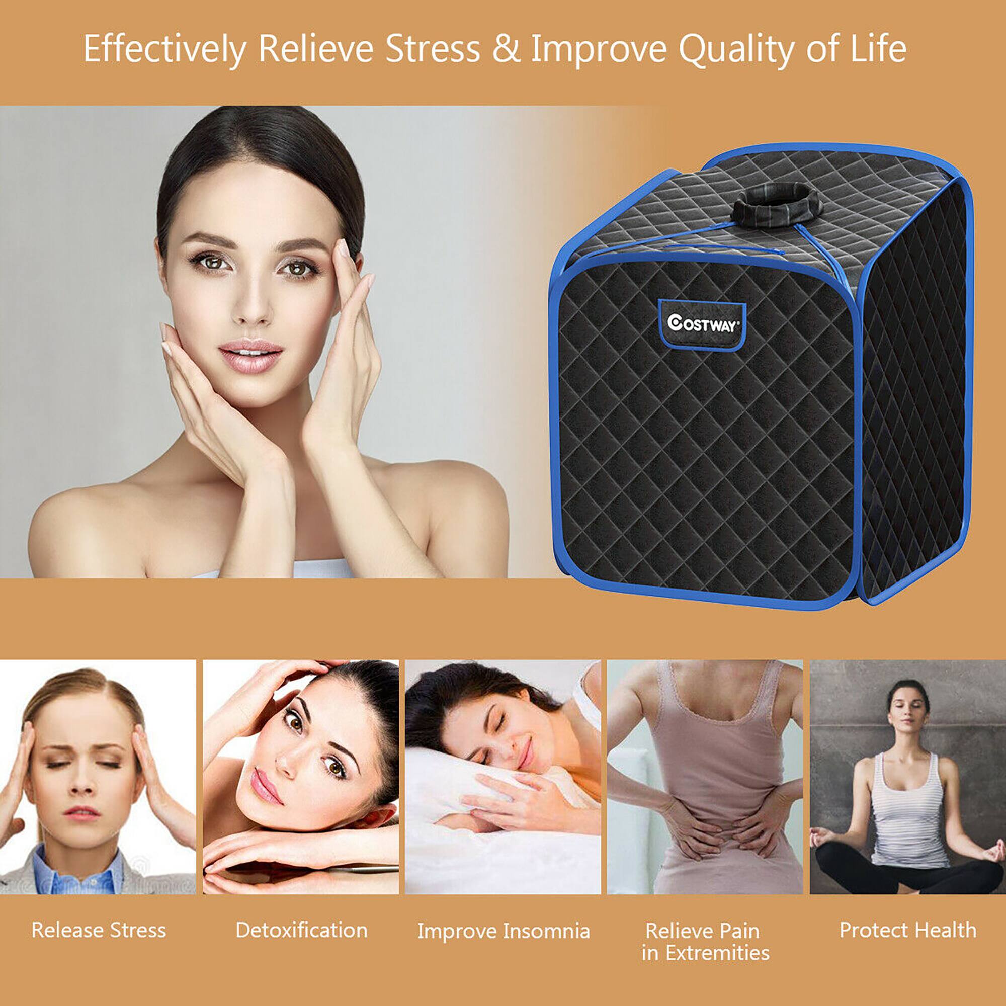 Effectively Relieve Stress & Improve Quality of Life

Costway Release Stress
Detoxification
Improve Insomnia
Relieve Pain in Extremities
Protect Health

The text on the image is grouped and corrected to describe the benefits of using the product.