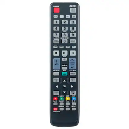 POWER
INPUT SELECT TV SOURCE
BD-RX TV
SHIFT 1 2 3 4 5 6
SLEEP TONE 7 8 9
S.DIRECT AUDIO ASSIGN 0 REPEAT
SCREEN H4 H 4
VOL MUTE
TUNING
ICH SFE MODE
DISC MENU
MENU TITLE MENU ...
POPUP TOOLS
INFO
RETURN EXIT
C
Pod SYNC JC
MO/ST A B C D
SMART SEARCH
vTuner
20-30 HUB
3D SOUND
NEO:6
DOLBY
AH59-02377A
