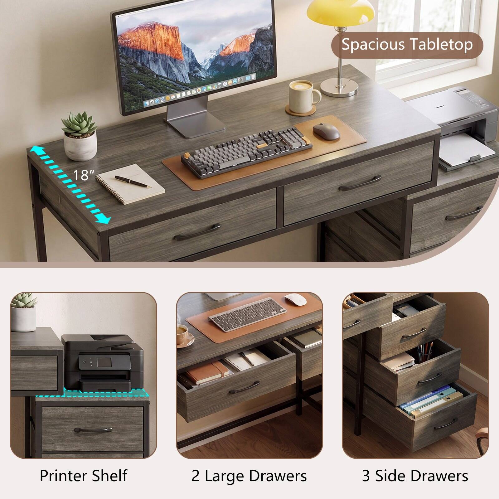 Spacious Tabletop 18" Printer Shelf 2 Large Drawers 3 Side Drawers
