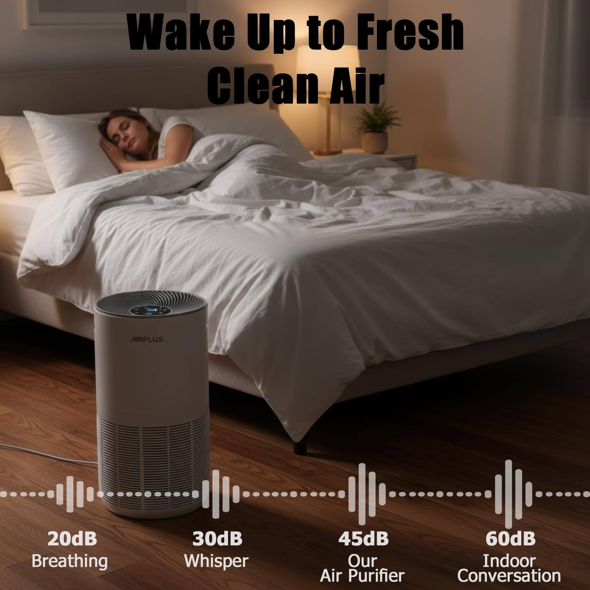 Wake Up to Fresh Clean Air

AIRPLUS

20dB Breathing  
30dB Whisper  
45dB Our Air Purifier  
60dB Indoor Conversation