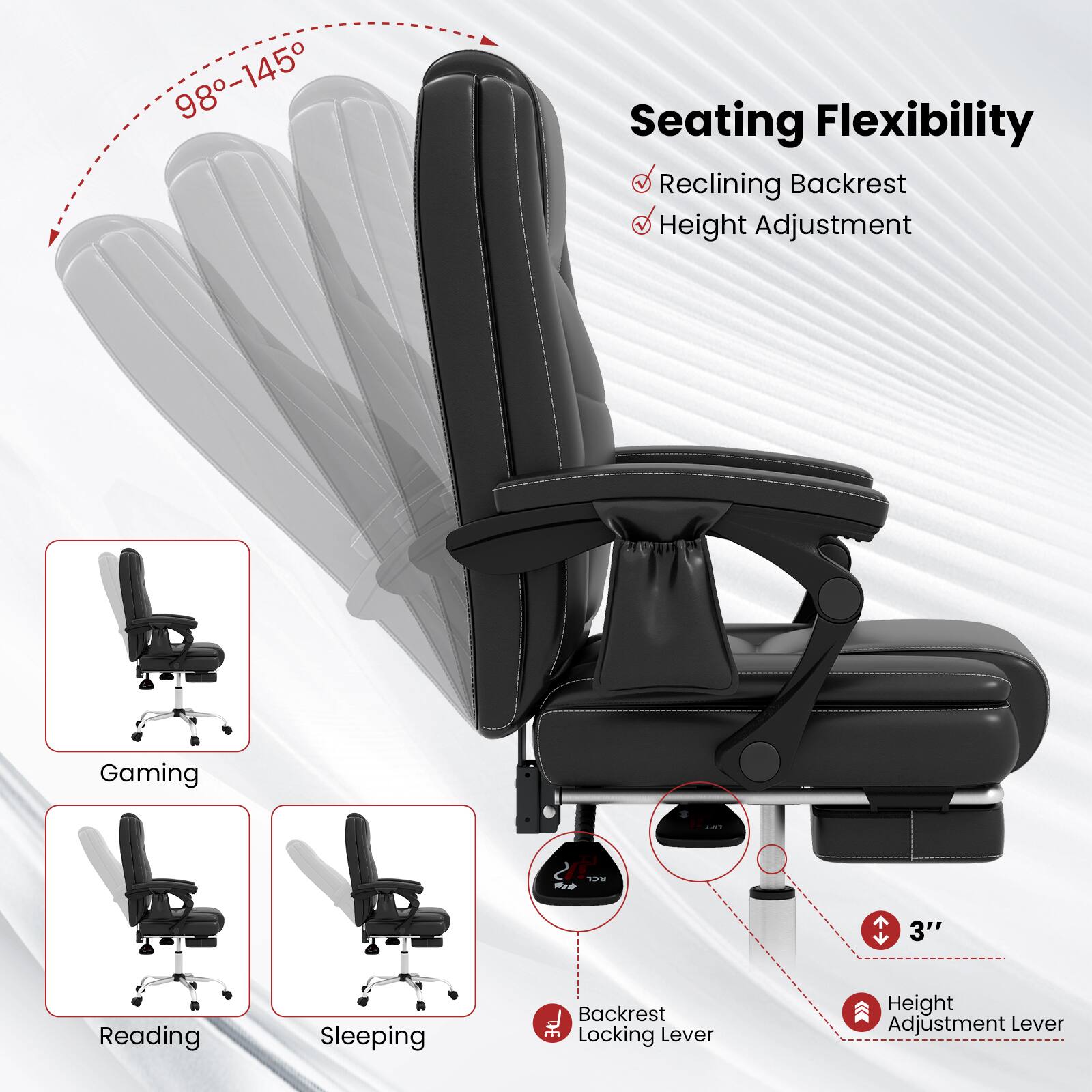 Seating Flexibility: Reclining Backrest, Height Adjustment, Gaming, Reading, Sleeping, Backrest Locking Lever, Height Adjustment Lever.