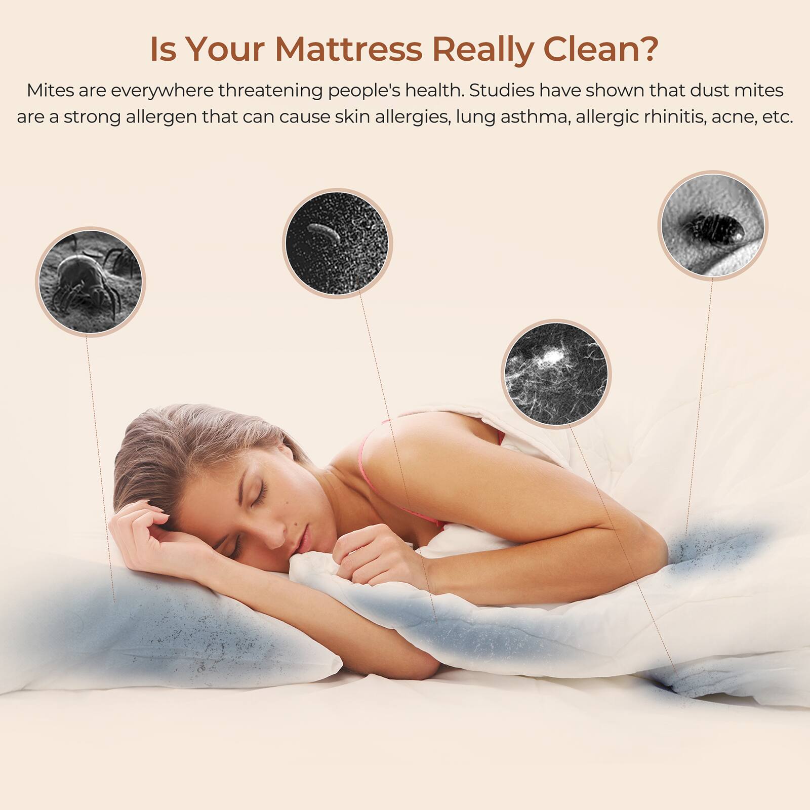 Is Your Mattress Really Clean? Mites are everywhere threatening people's health. Studies have shown that dust mites are a strong allergen that can cause skin allergies, lung asthma, allergic rhinitis, acne, etc.