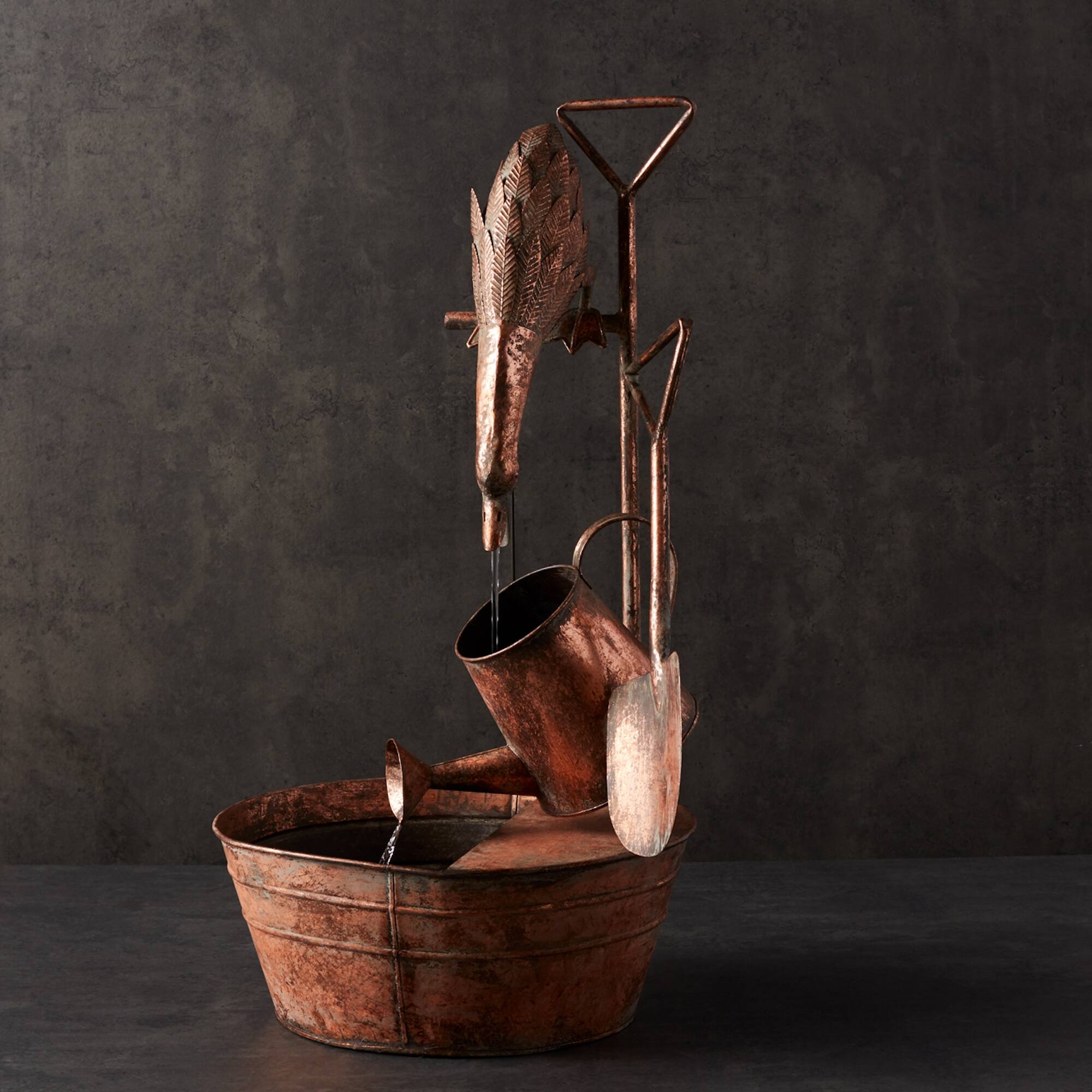 Angle. BreeBe - Rustic Metal Fountain with Duck and Watering Can 33"H - Copper.