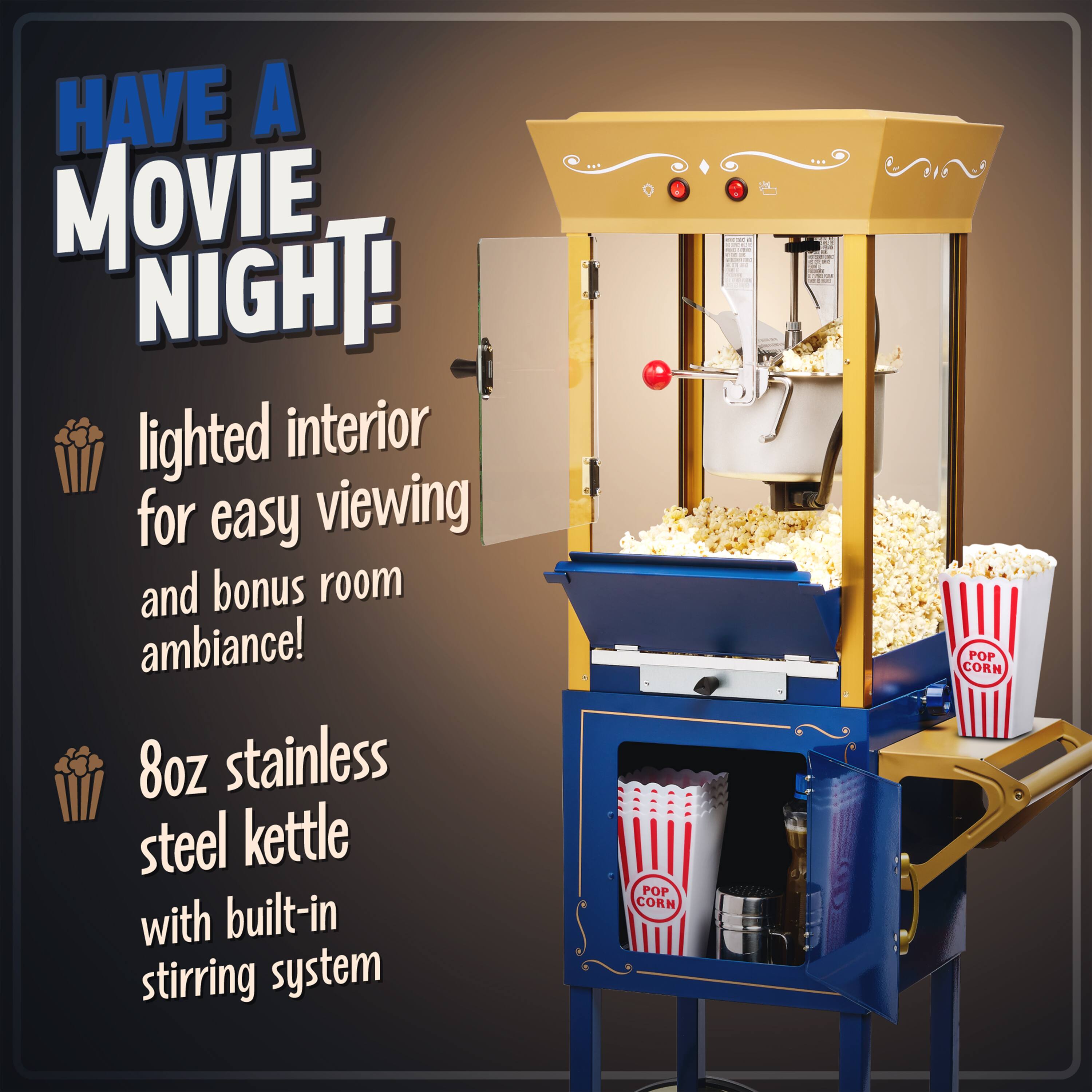 HAVE A MOVIE NIGHT!

- lighted interior for easy viewing and bonus room ambiance!
- 8oz stainless steel kettle with built-in stirring system