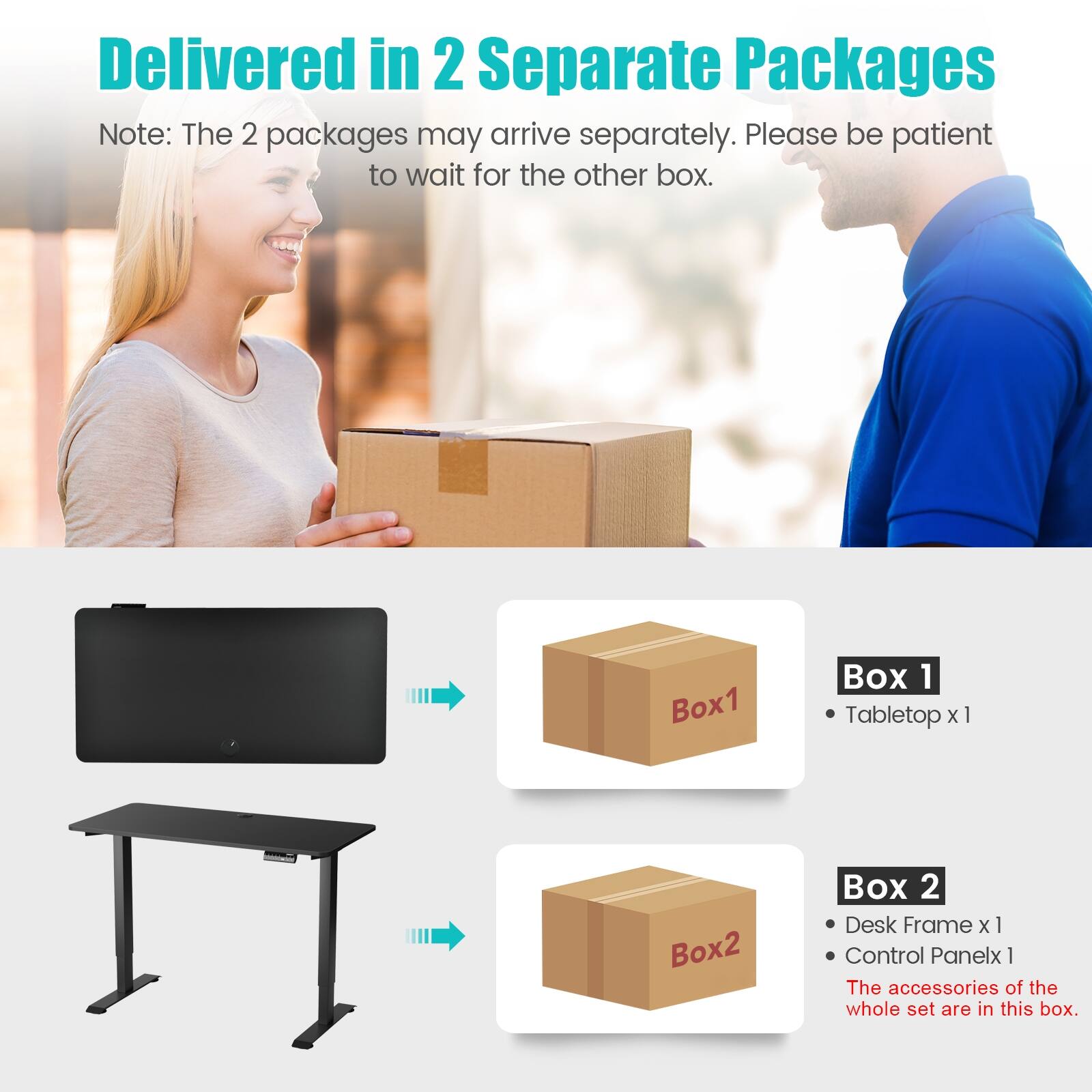 Delivered in 2 Separate Packages

Note: The 2 packages may arrive separately. Please be patient to wait for the other box.

Box 1
Tabletop x 1

Box 2
Desk Frame x 1
Control Panel x 1
The accessories of the whole set are in this box.
