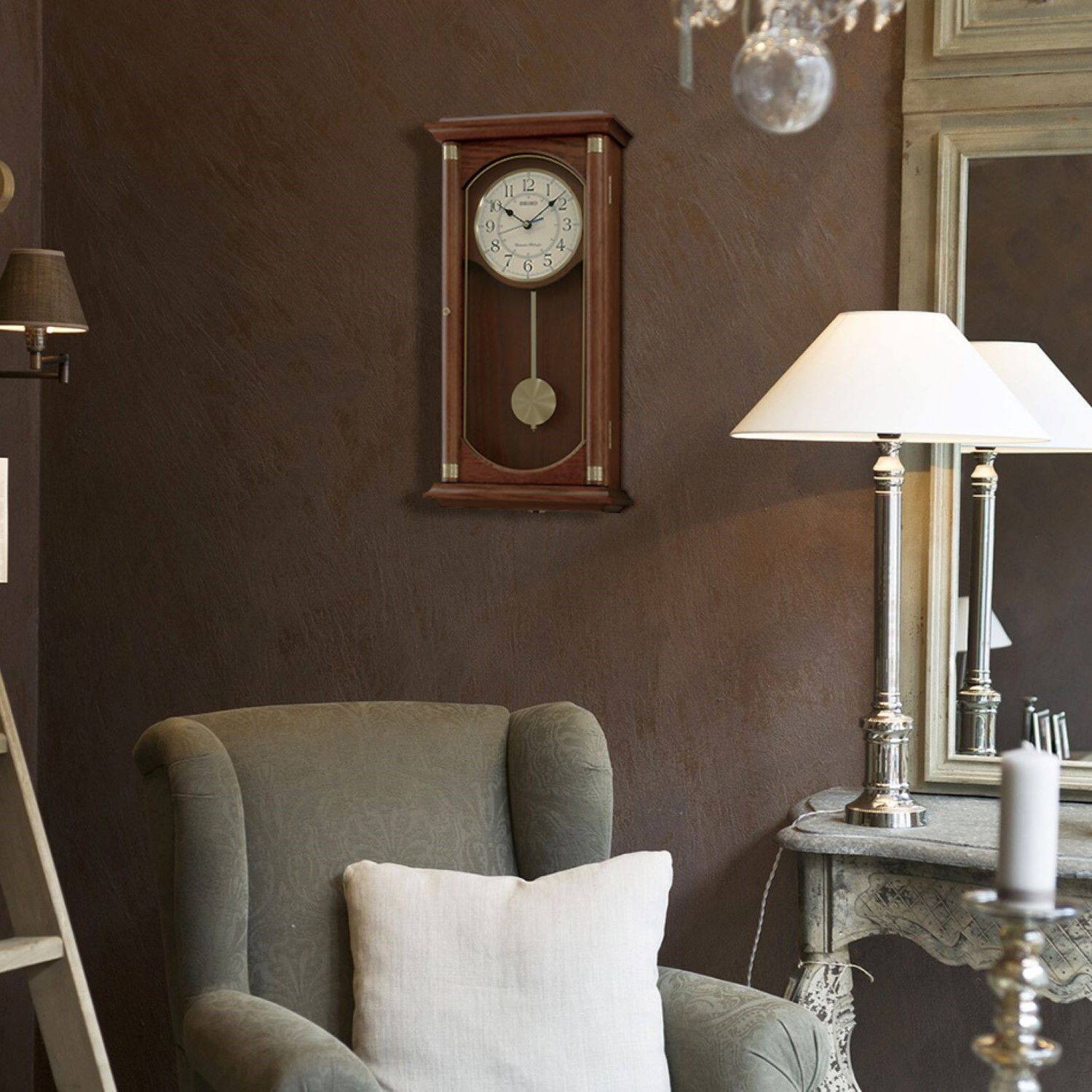 Back. Seiko - Seiko Rectangular Wall Clock with Pendulum and Dual Chimes - Brown.