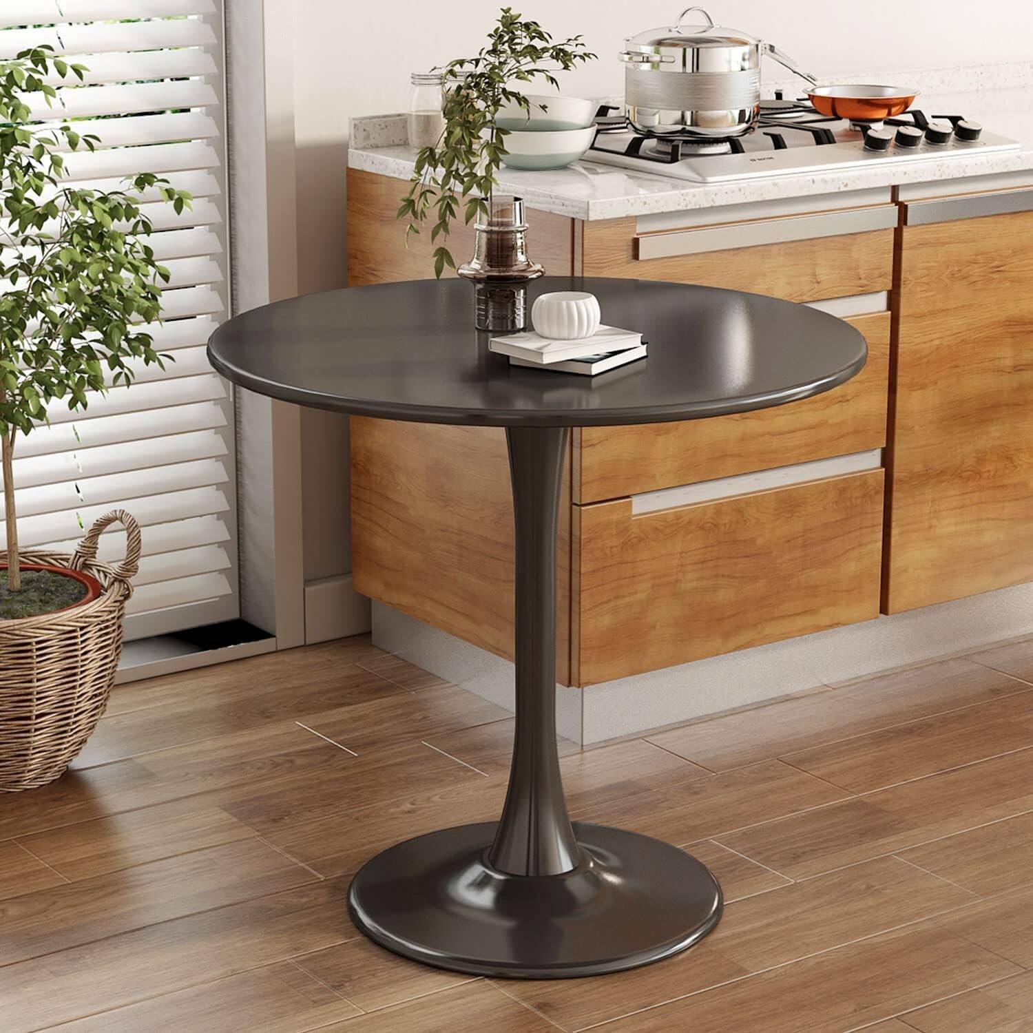 Alt View 9. Ecooso - 24" Modern Round Dining Table with Cylindrical Metal Base and Wood-Grain Top for Kitchen, Living Room, or Small Spaces - Black.