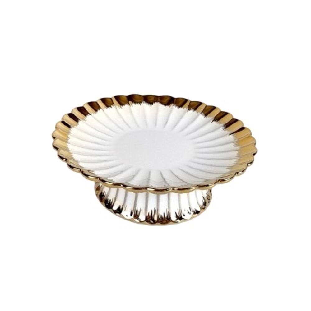 Front. Jiallo - 7" Gold Edge Ceramic Footed Bowl - White.