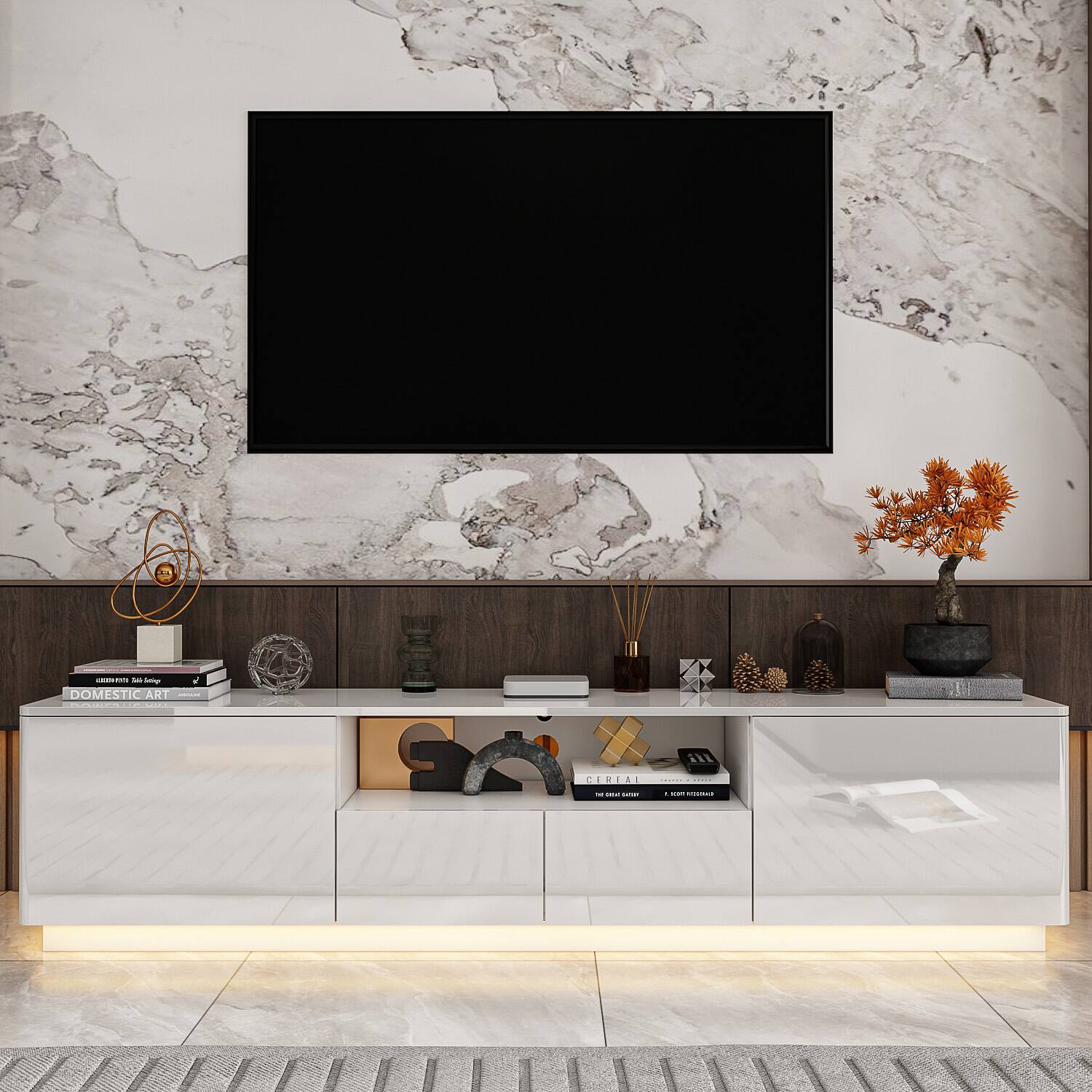 Famapy - High - Gloss TV Stand: 70 - Inch TV Fit, LED - Lit & Modern Storage - White