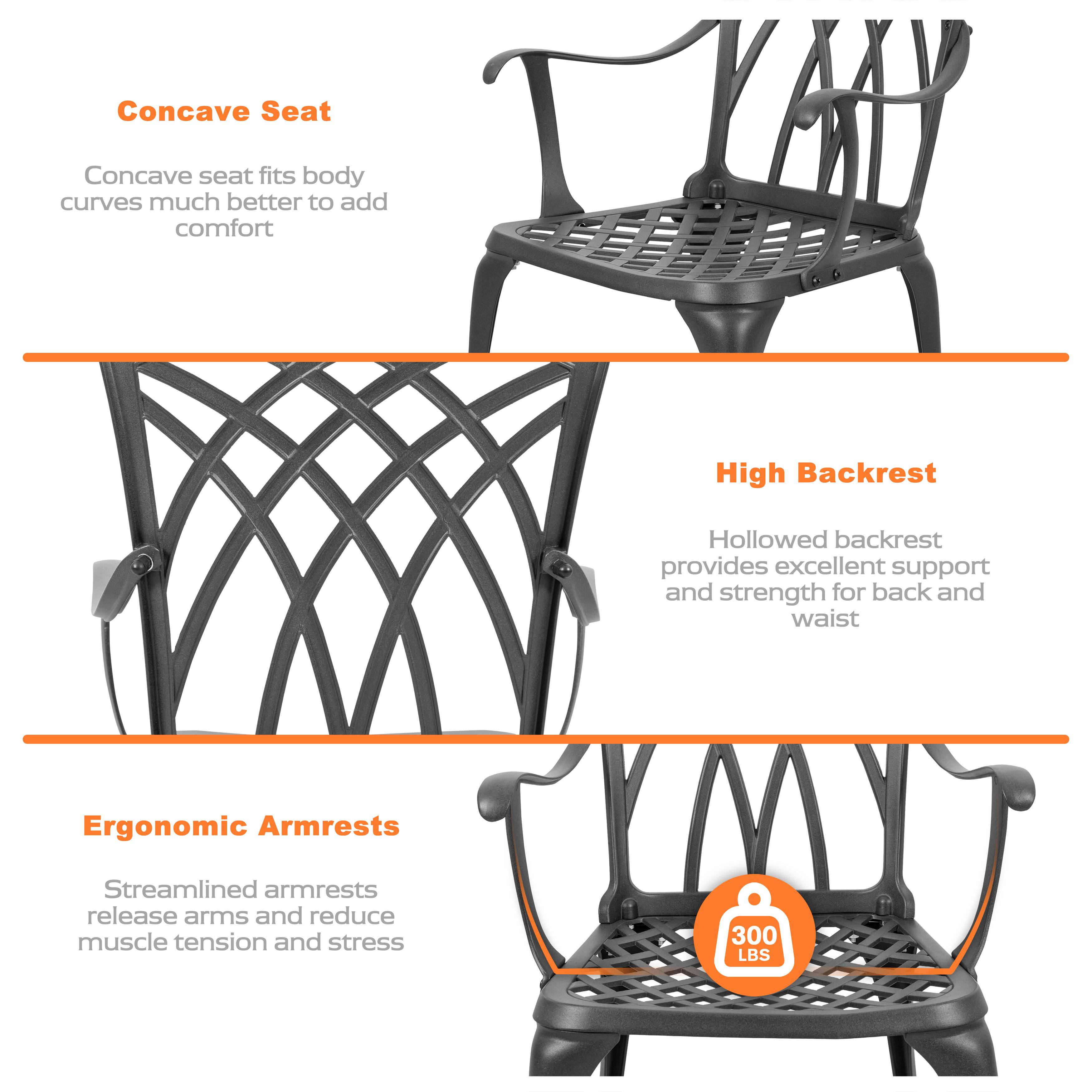 Concave Seat  
Concave seat fits body curves much better to add comfort  

High Backrest  
Hollowed backrest provides excellent support and strength for back and waist  

Ergonomic Armrests  
Streamlined armrests release arms and reduce muscle tension and stress  

300 LBS