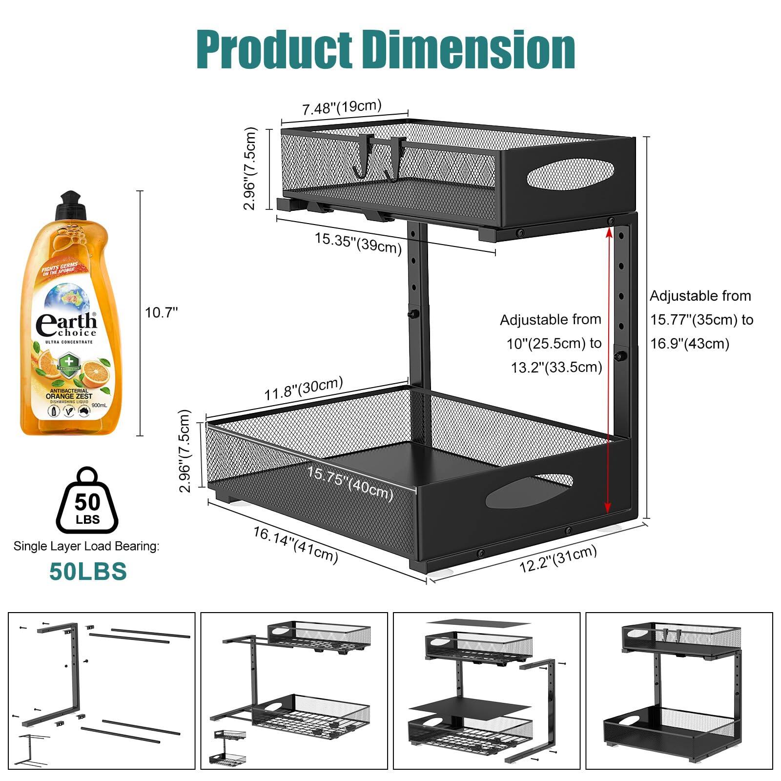 **Product Dimension**

- **Height:** Adjustable from 10" (25.5cm) to 16.9" (43cm)
- **Width:** 16.14" (41cm)
- **Depth:** 15.77" (35cm) to 15.35" (39cm)
- **Shelf Dimensions:**
  - Top Shelf: 7.48" (19cm) x 15.35" (39cm)
  - Middle Shelf: 11.8" (30cm) x 15.75" (40cm)
  - Bottom Shelf: 12.2" (31cm) x 15.75" (40cm)
- **Single Layer Load Bearing:** 50LBS

**Additional Dimensions:**
- **Height of Bottle:** 10.7"
- **Bottle Diameter:** 2.96" (7.5cm)
- **Bottle Width:** 2.96" (7.5cm)