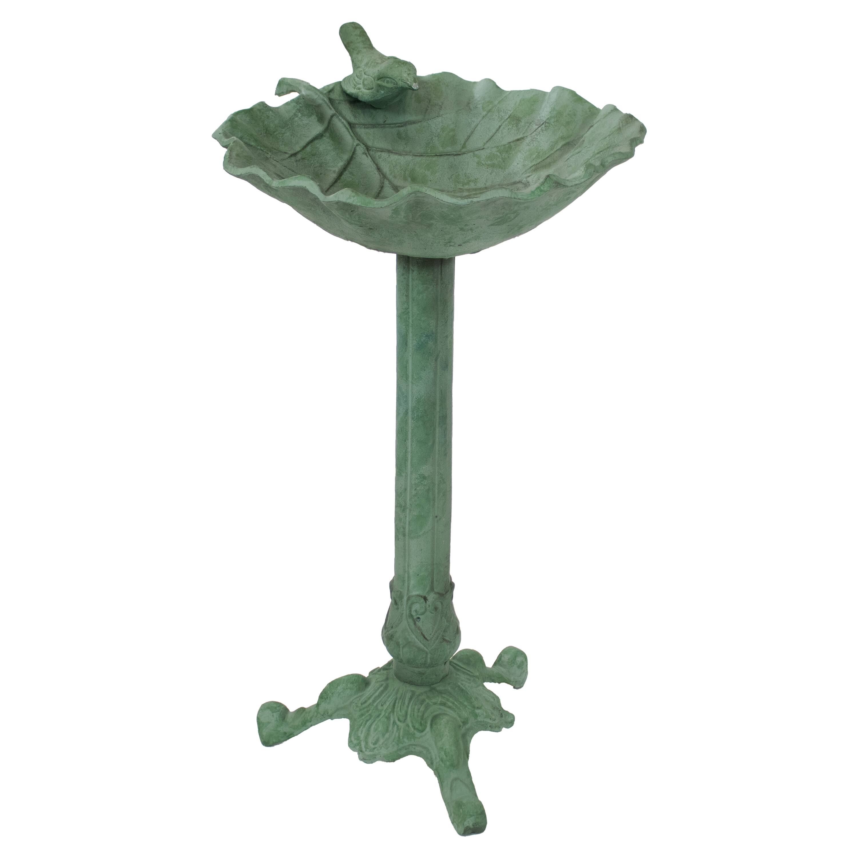 Front. Sunnydaze - Autumnal Leaf Metal Bird Bath - 11.75 in - Green Patina.