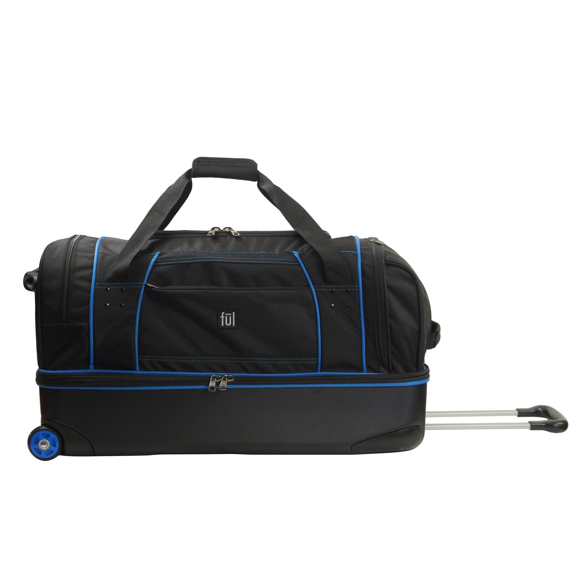 Left. Ful - Workhorse 30in Rolling Duffel Bag, Retractable Pull Handle, Split Level Storage - BLACK AND BLUE.