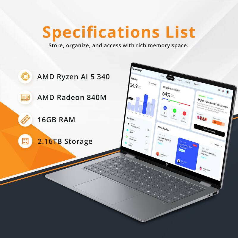Specifications List  
Store, organize, and access with rich memory space.  

- AMD Ryzen AI 5 340  
- AMD Radeon 840M  
- 16GB RAM  
- 2.16TB Storage