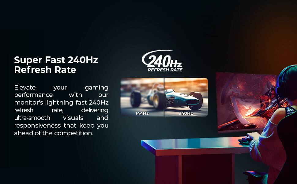 Super Fast 240Hz Refresh Rate

Elevate your gaming performance with our monitor's lightning-fast 240Hz refresh rate, delivering ultra-smooth visuals and responsiveness that keep you ahead of the competition.

240Hz REFRESH RATE

144Hz 240Hz