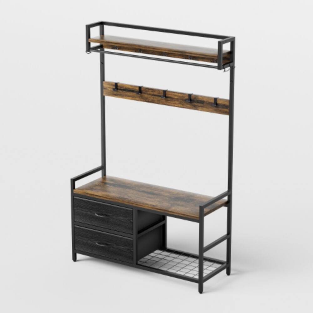 Alt View 6. LUCKY ONE - 33.1" W 5-in-1 Hall Tree w/ 23 Hooks Shoe Storage Bench 2 Drawers Garment Rack - Rustic Brown.
