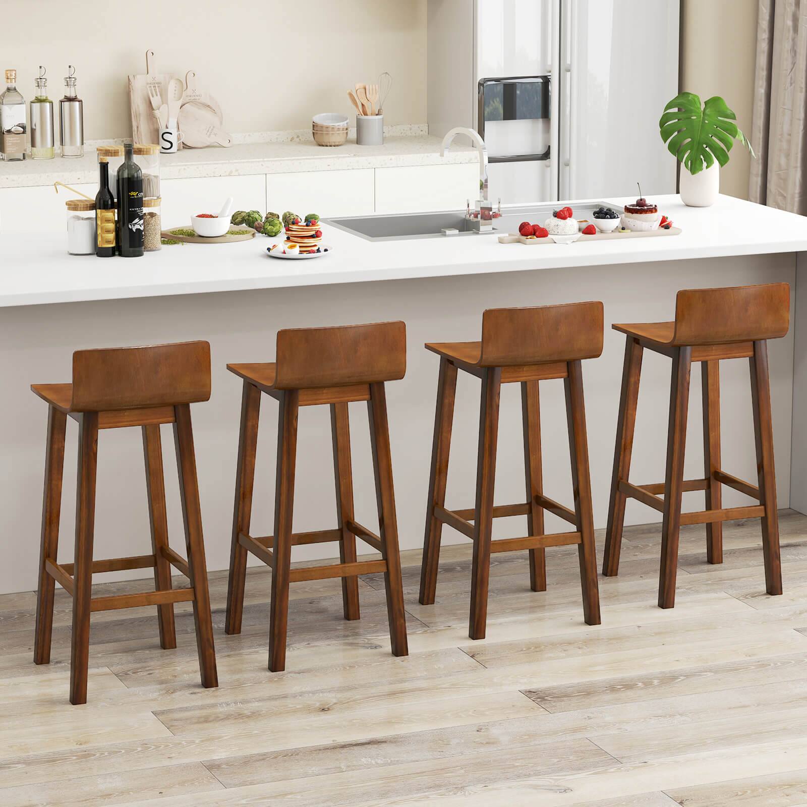 Alt View 1. Costway - 29" Wood Bar Stools Set of 4 with Solid Back & Seat Mid Century Bar Chairs - Brown.