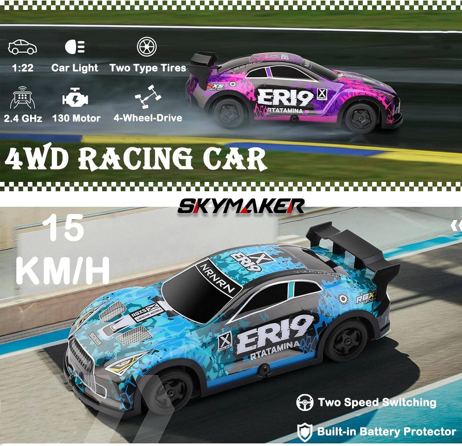 1:22 Car Light Two Type Tires  
2.4 GHz 130 Motor 4-Wheel-Drive  
4WD Racing Car  
15 KM/H  
Two Speed Switching  
Built-in Battery Protector  
SKYMAKER
