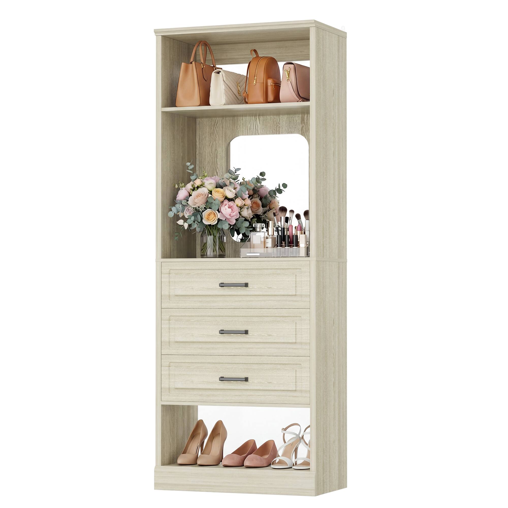 Angle. Aheaplus - 25'' Upgraded Style Walk-in Closet Organizer with 3 Drawers and Mirror - Beige Oak.