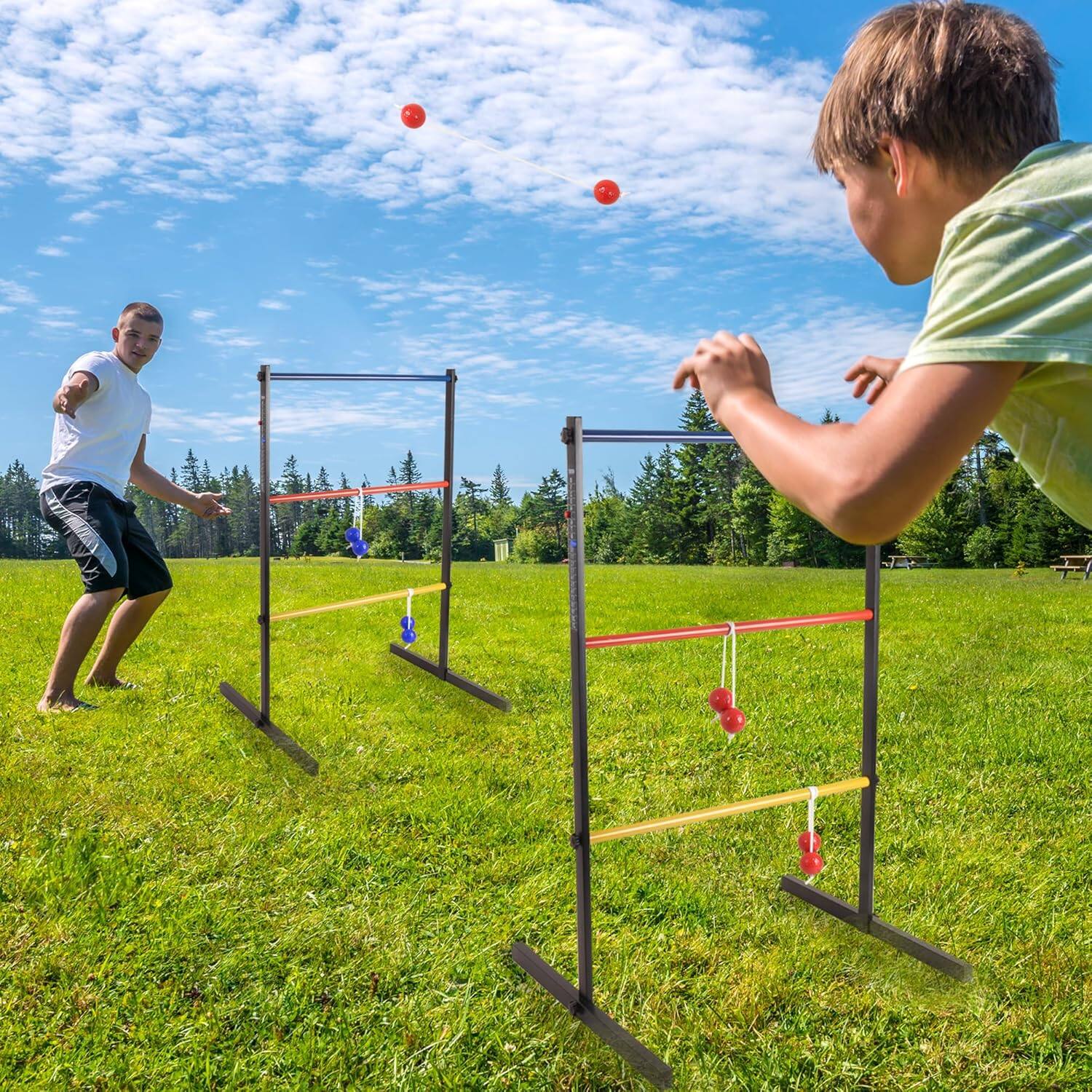 Left. GSE Games & Sports Expert - Quality Metal Ladder Ball Toss Game Set with Ladder Bolas & Carrying Case.